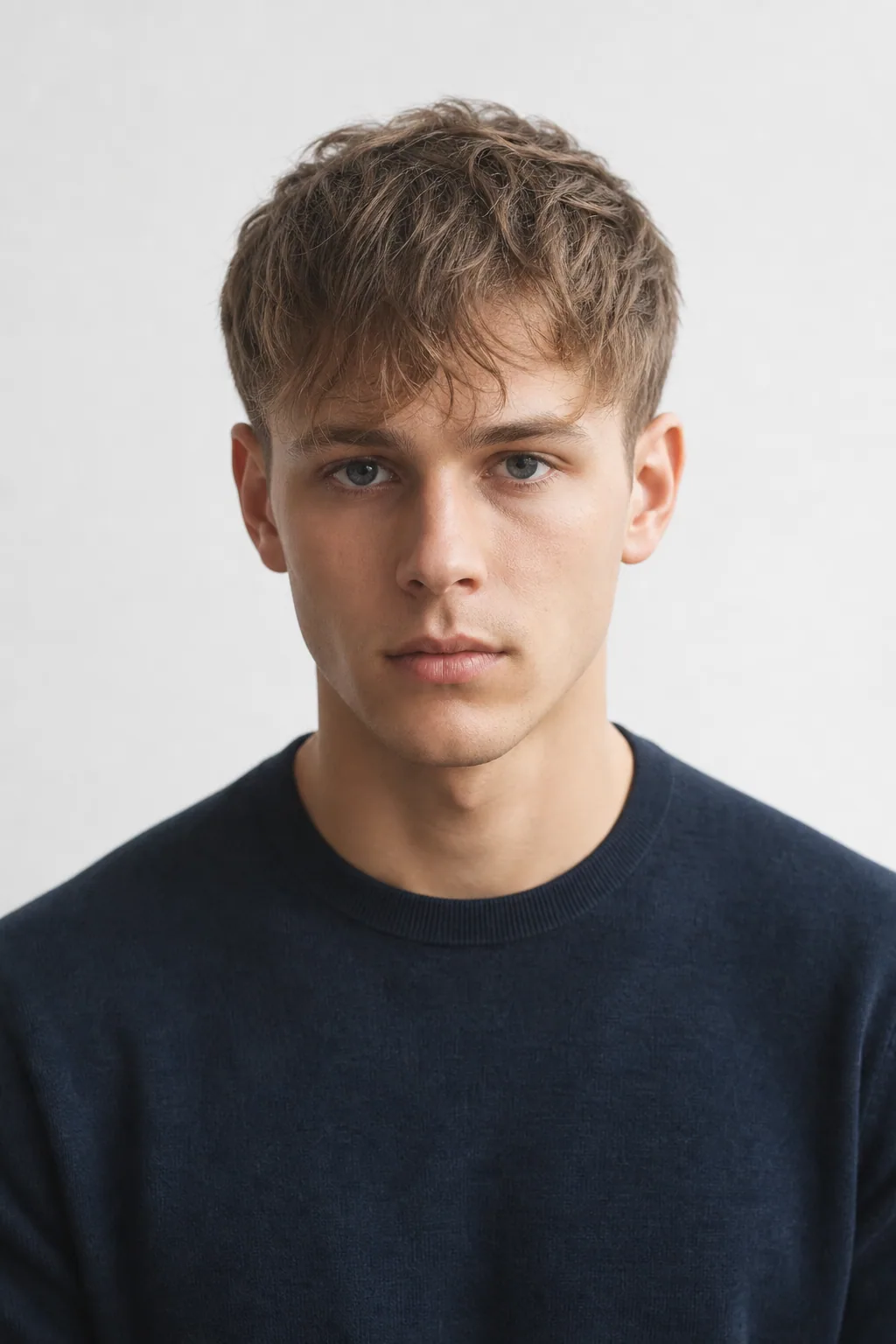 Messy tousled forward fringe on a young man with fine, thin hair