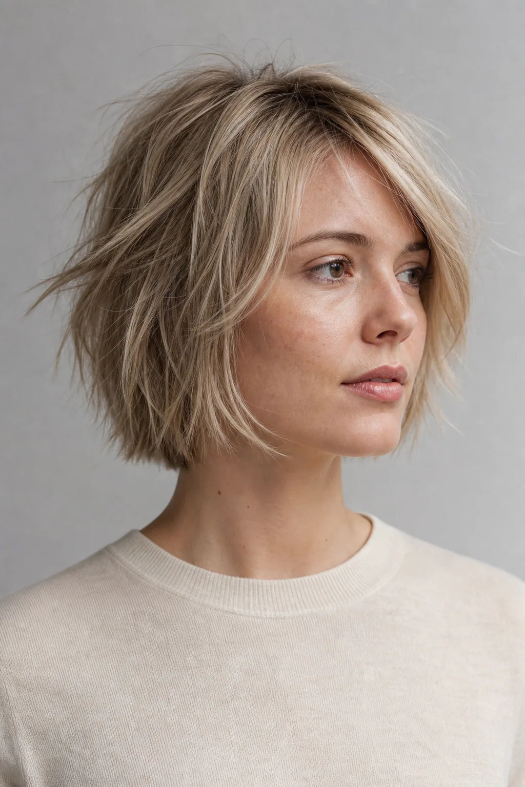 Messy, tousled layered shaggy bob on fine ash-blond hair