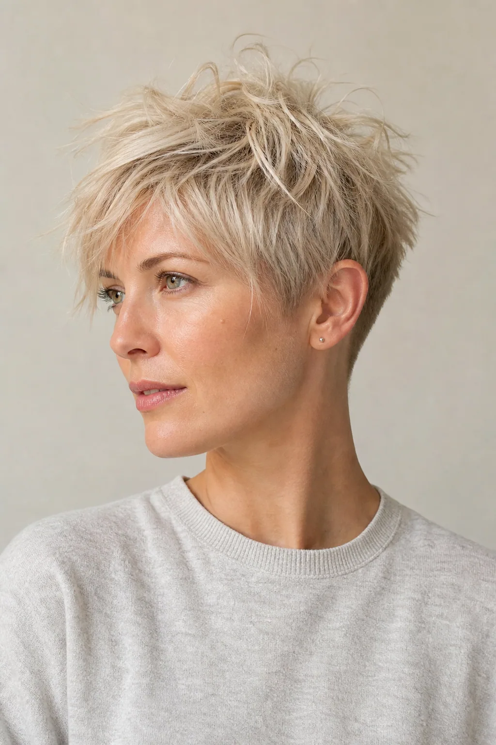 Messy, tousled undercut pixie on fine ash-blond hair