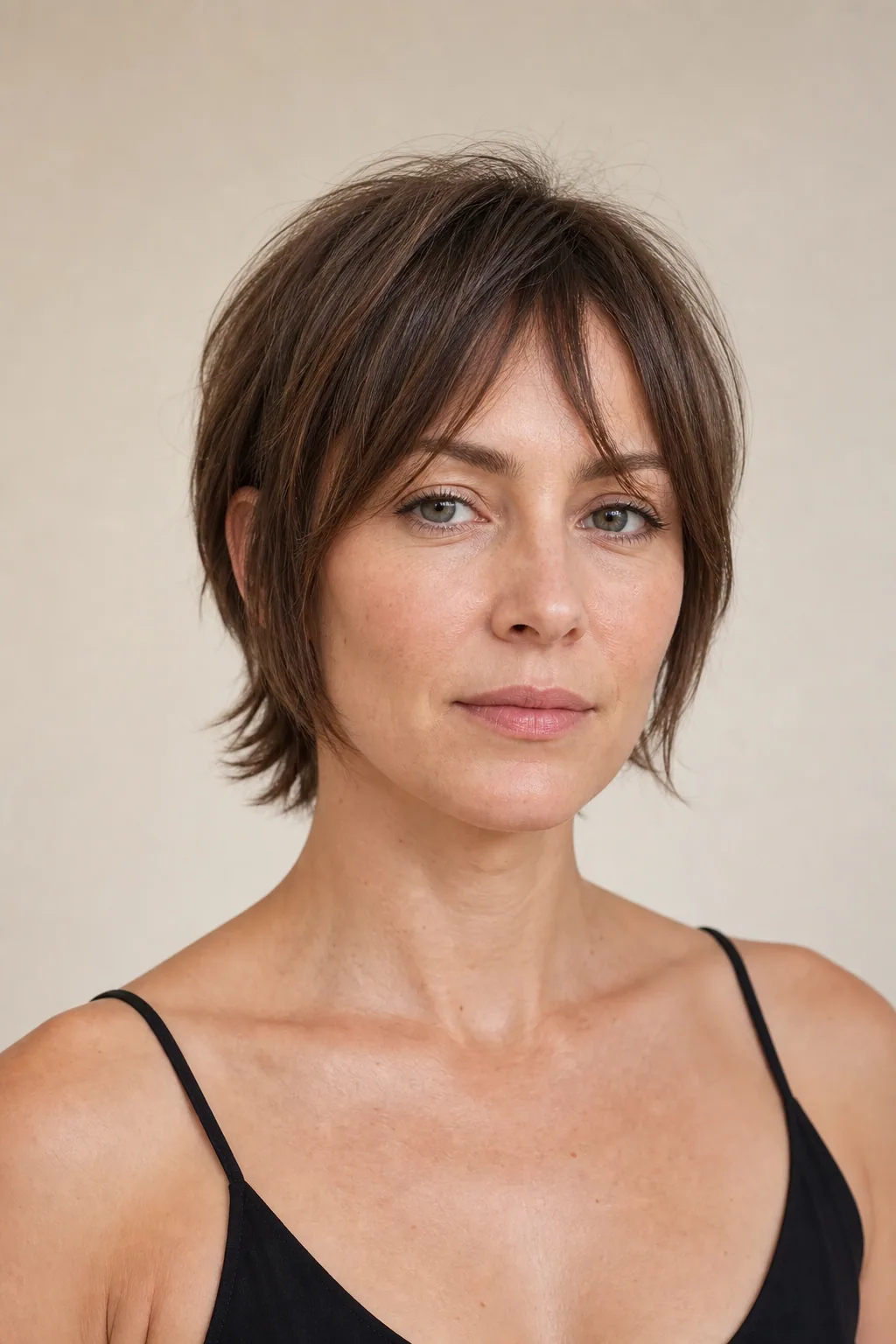 Micro-mullet on fine hair with short face-framing pieces at the jaw, subtle length at the nape, front view