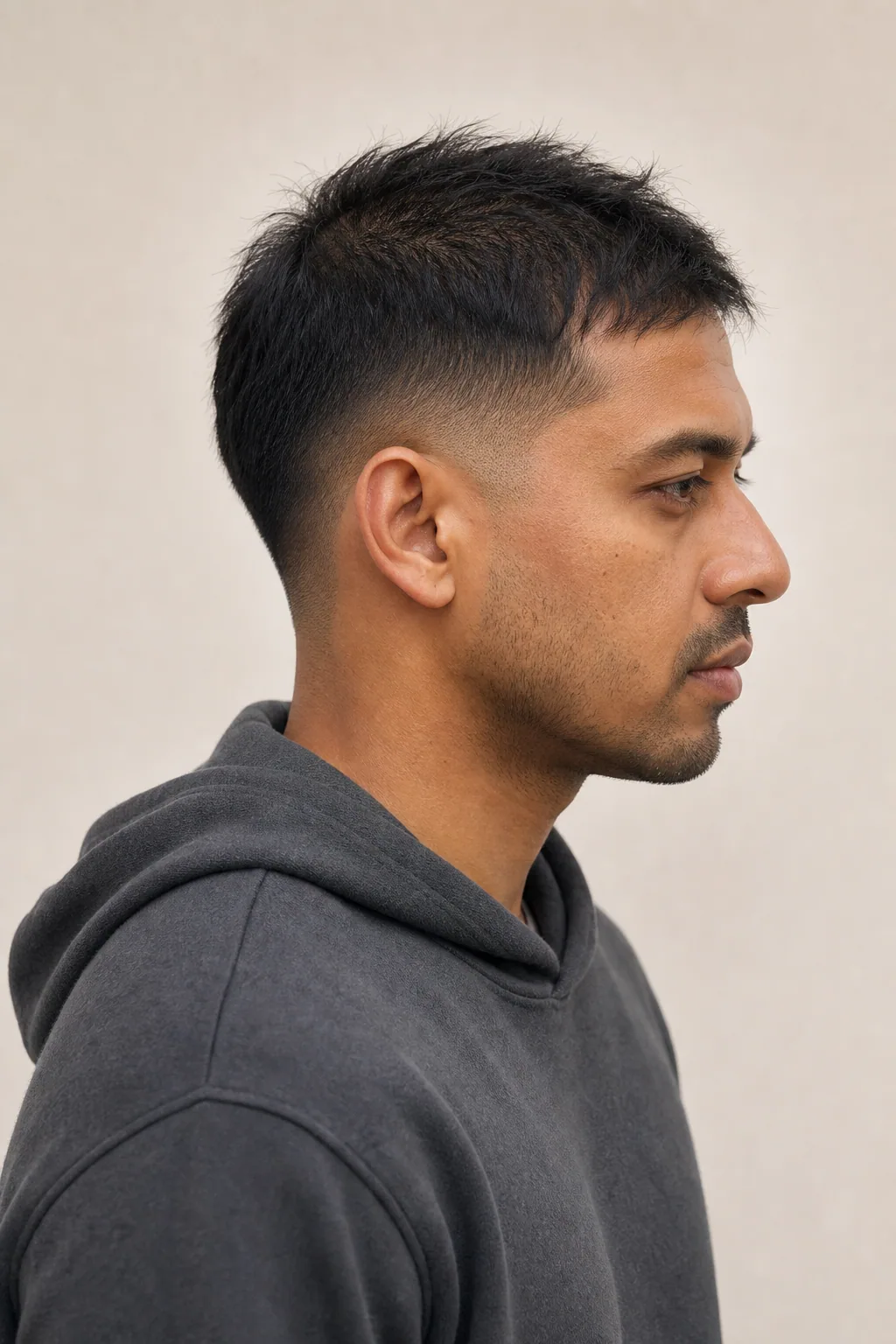 Mid drop fade curving behind the ear on fine, thin black hair