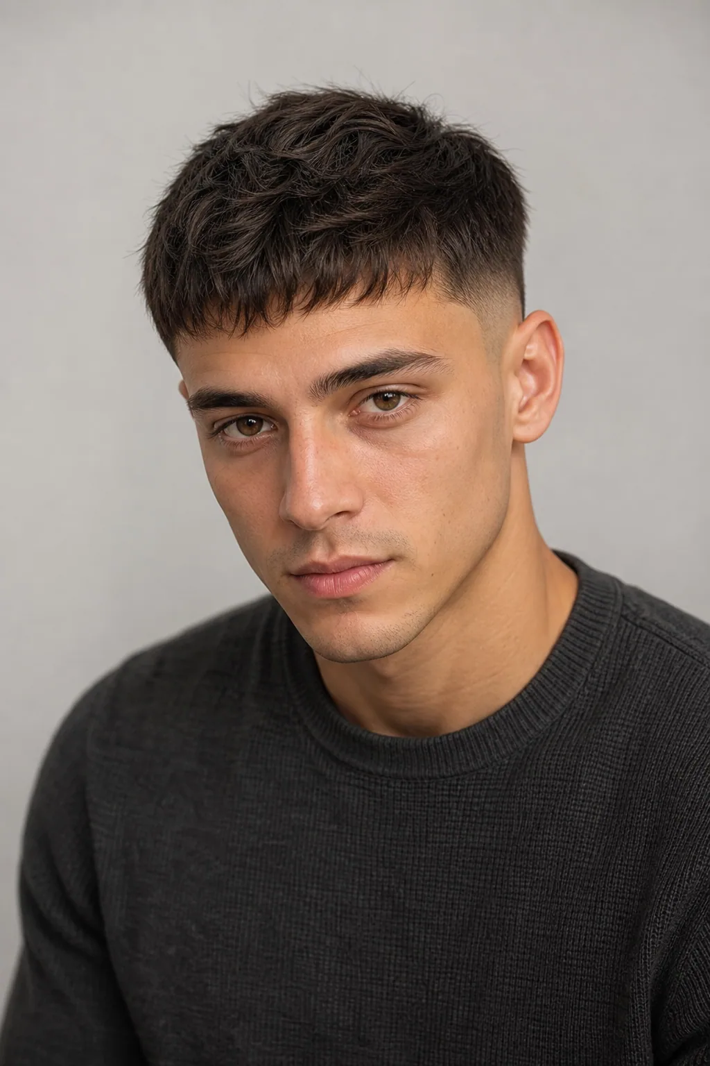 Mid fade under a short textured French crop on fine, thin hair