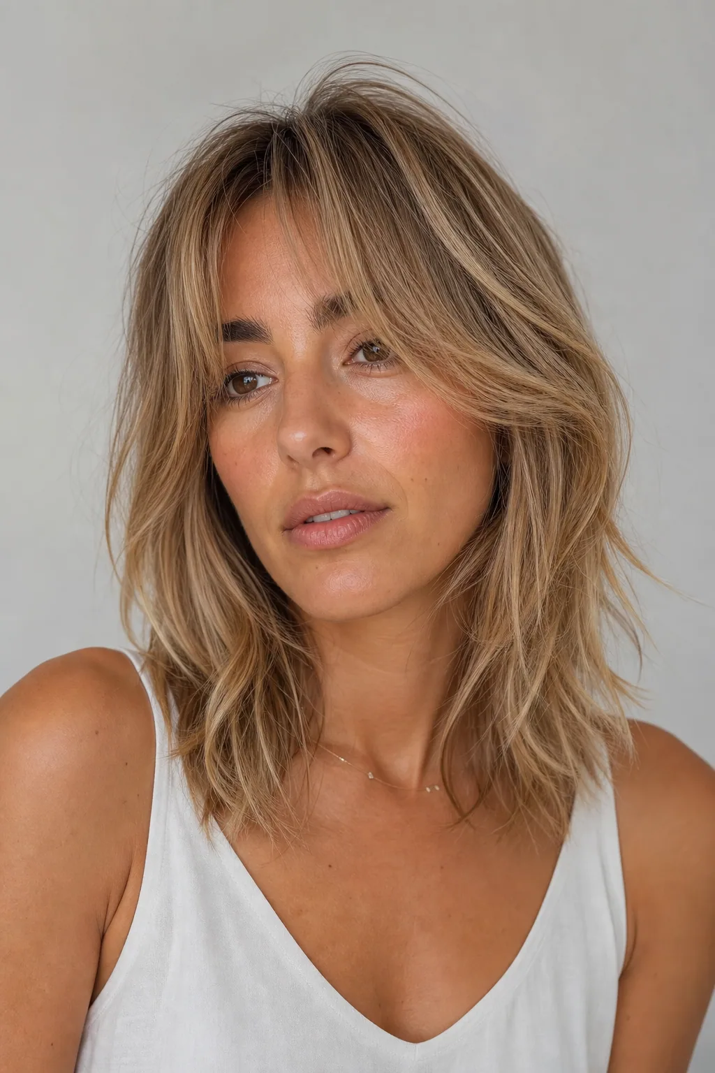 Mid-length shag with full curtain bangs sweeping to the sides on fine hair