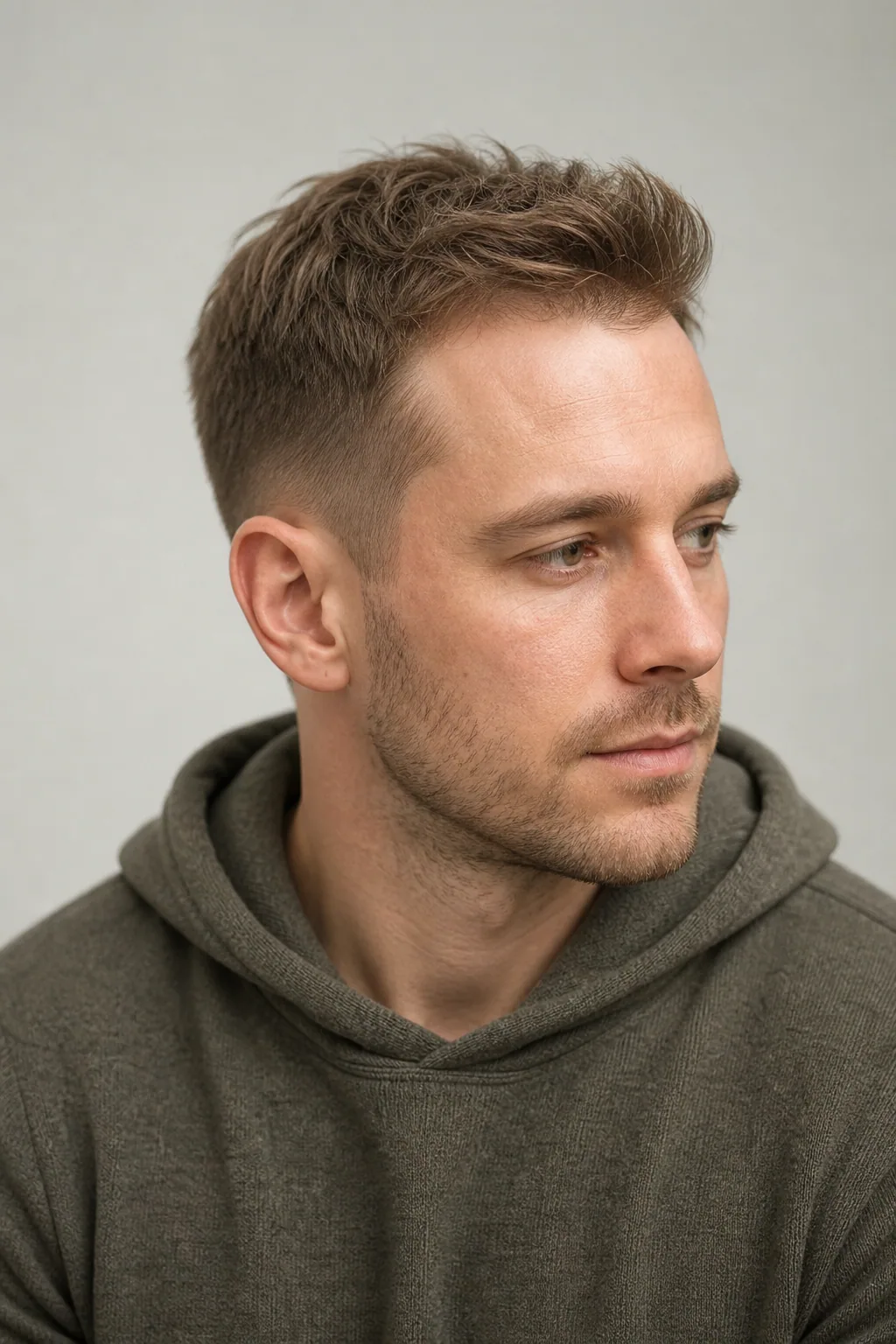 Mid taper fade with a short textured quiff on fine, thin hair