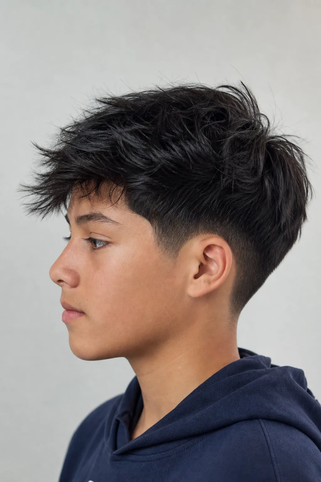 Teenage boy with a mid taper and textured top on thin black hair