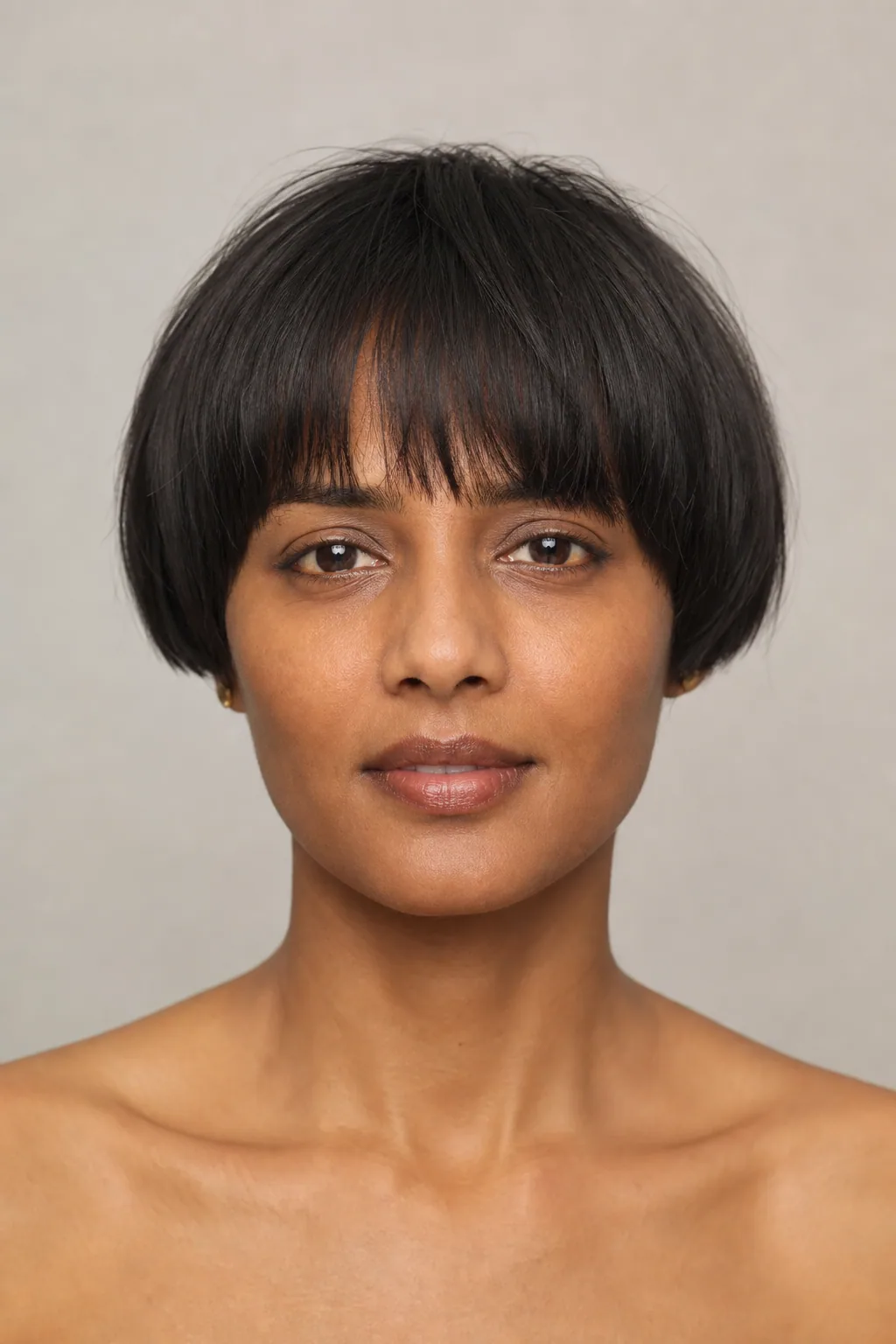 Modern bowl crop on fine dark hair, blunt heavy perimeter around the head, tapered nape, editorial front view