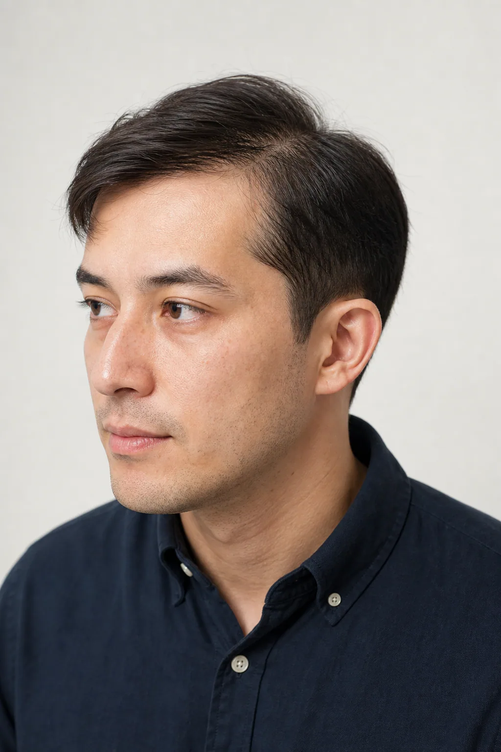 Short modern comb over with a low taper on thin dark hair