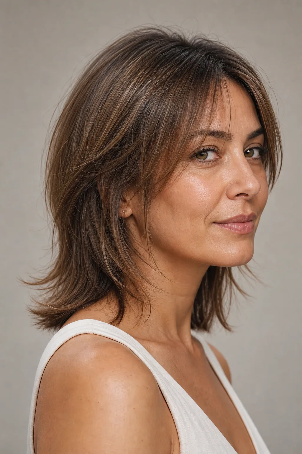 Mullet lob on fine hair, collarbone-length back, shorter layered front, three-quarter view