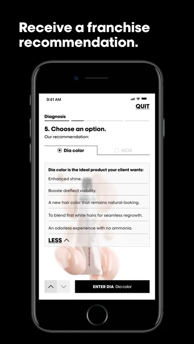 My Hair iD app virtual try-on showing a split before and after blonde result above a row of numbered professional shades