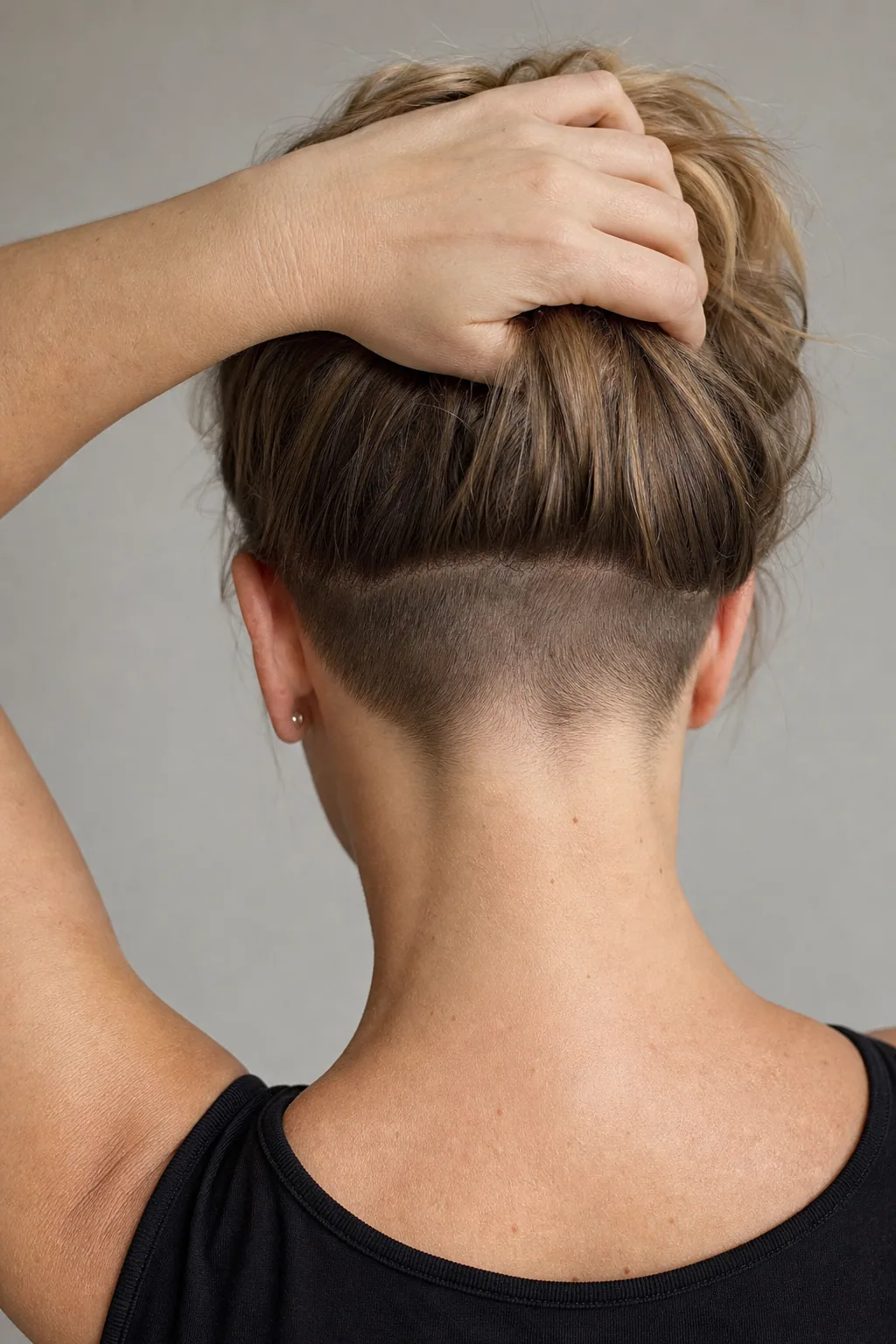 Nape undercut on fine hair, hair lifted to reveal a small shaved panel at the base of the skull, back view