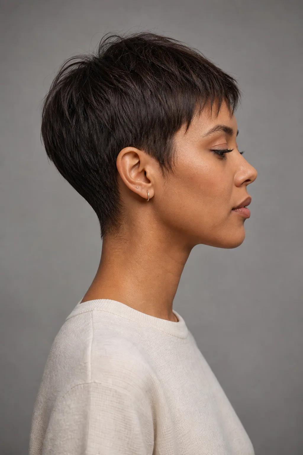Short pixie with a tapered nape undercut on fine dark-brown hair