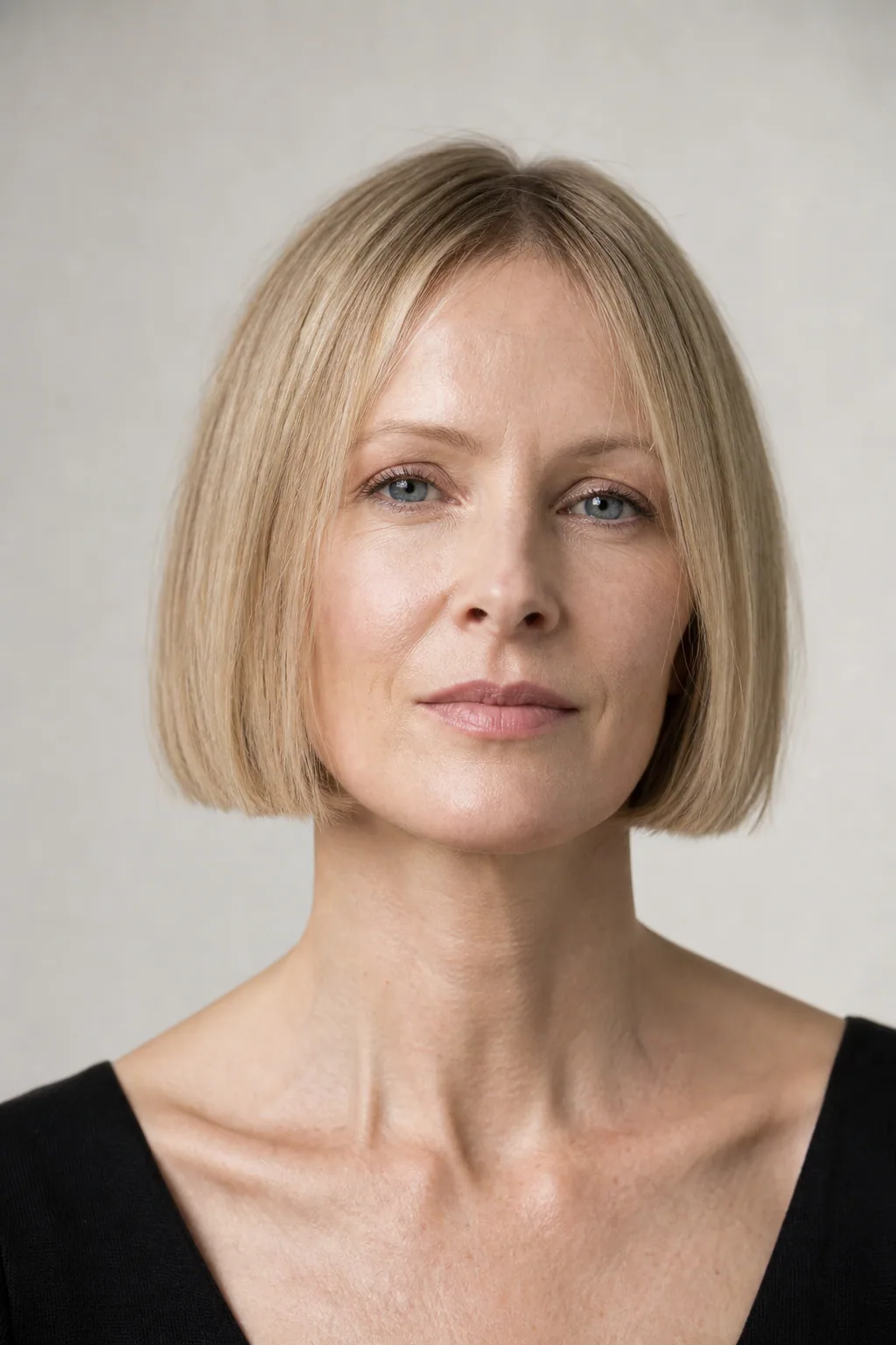 Fine hair in a one-length bob cut level with the jaw corner, showing the doubled horizontal line, front view
