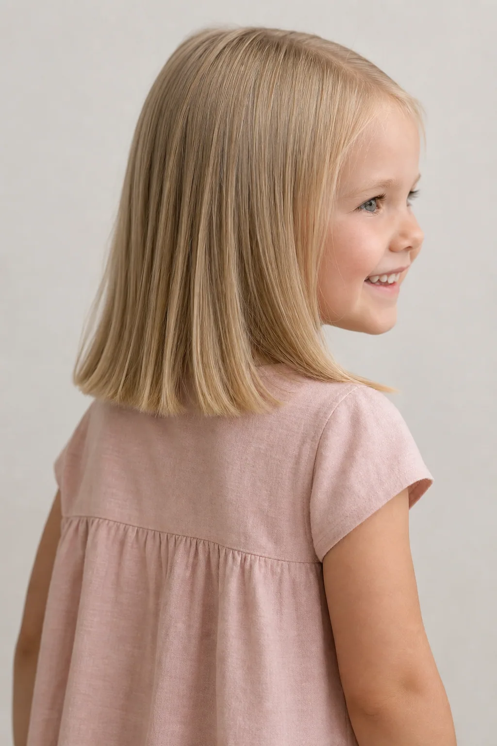 Little girl with a blunt one-length cut at the shoulders on fine blond hair