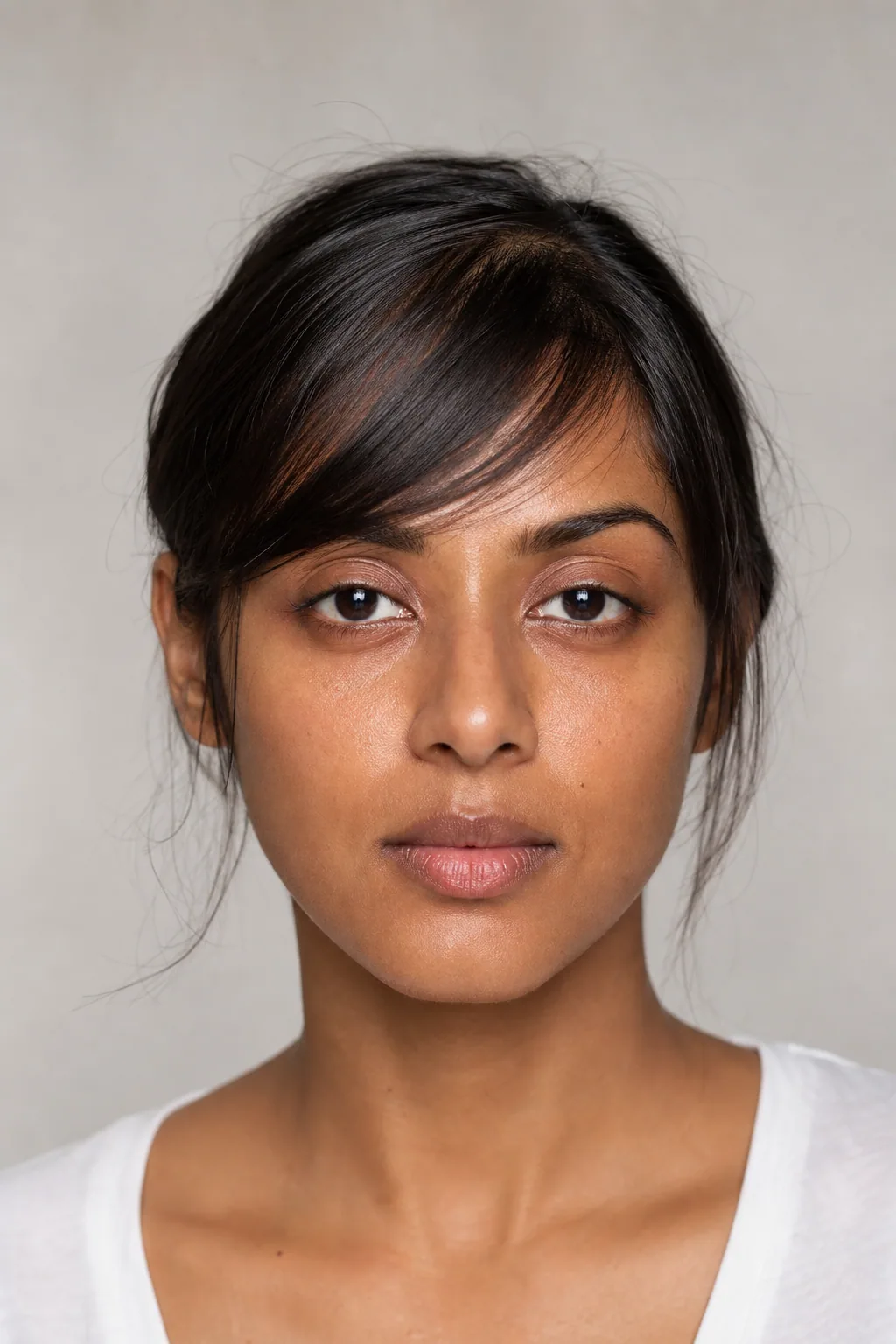 Side-swept fringe cut in one solid piece with no internal texturing, fine straight hair, clean sweep across brow