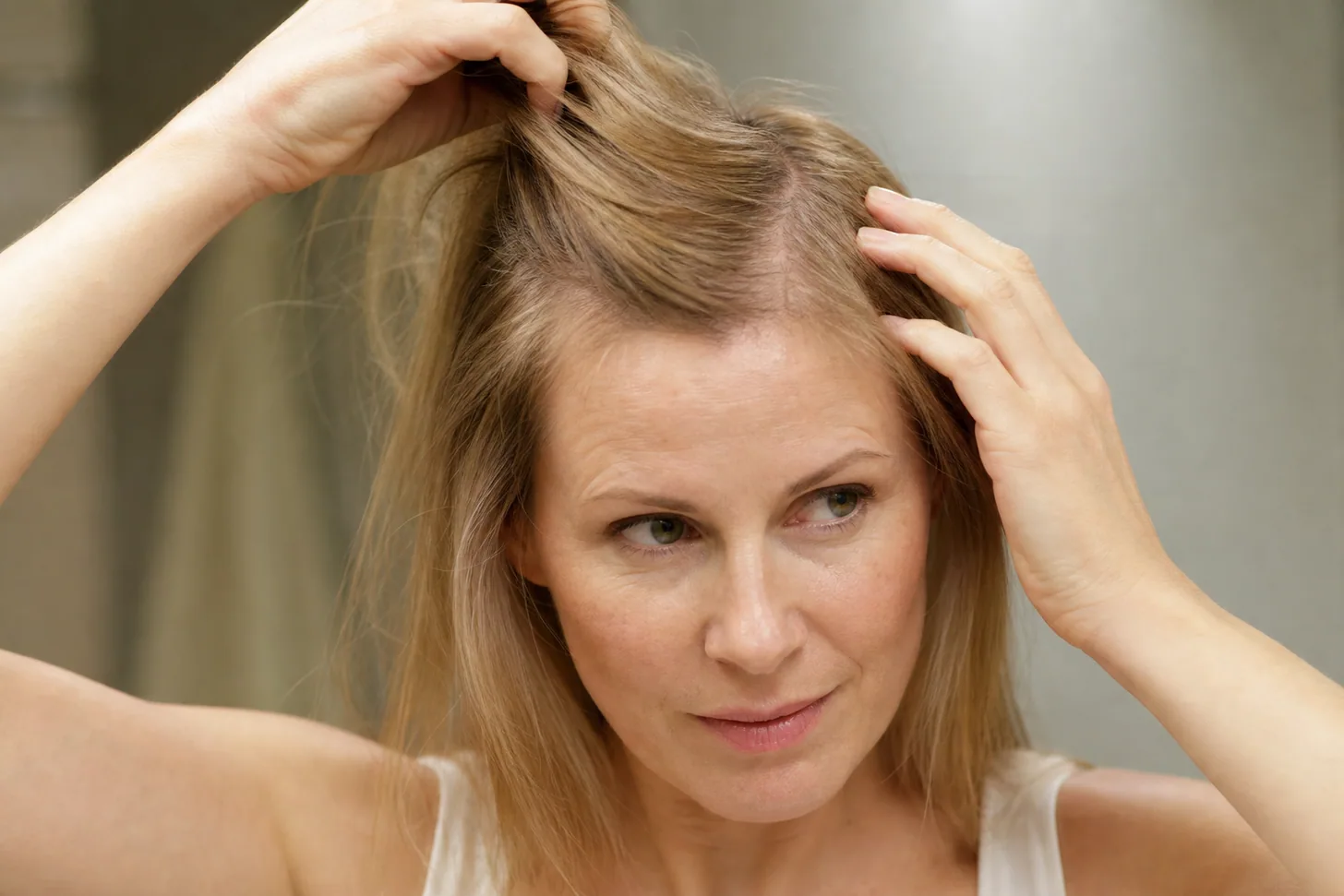 A deep side part being flipped to the opposite side to lift the roots on fine flat hair