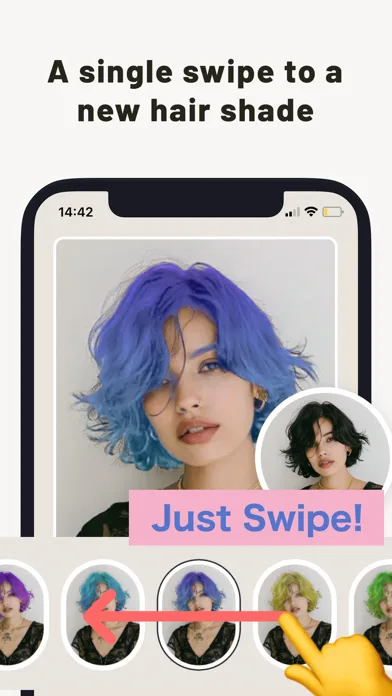 PerfectHairColor app showing black hair swiped to bright blue with a row of shade thumbnails underneath