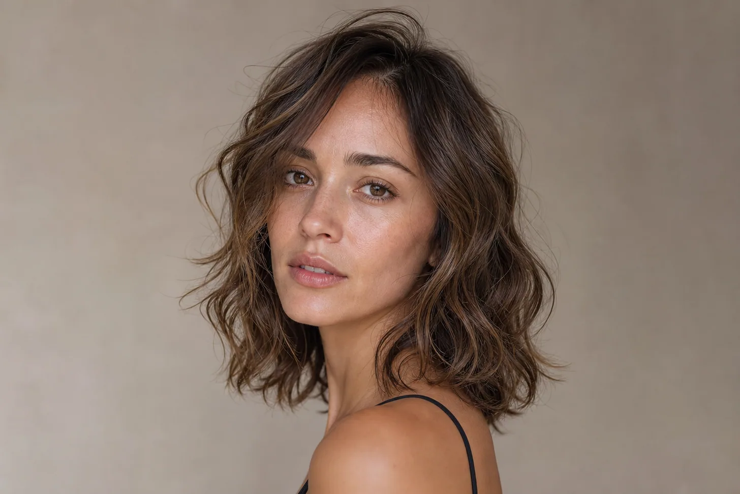 Fine shoulder-length hair with a soft loose body-wave perm giving root lift and gentle S-waves