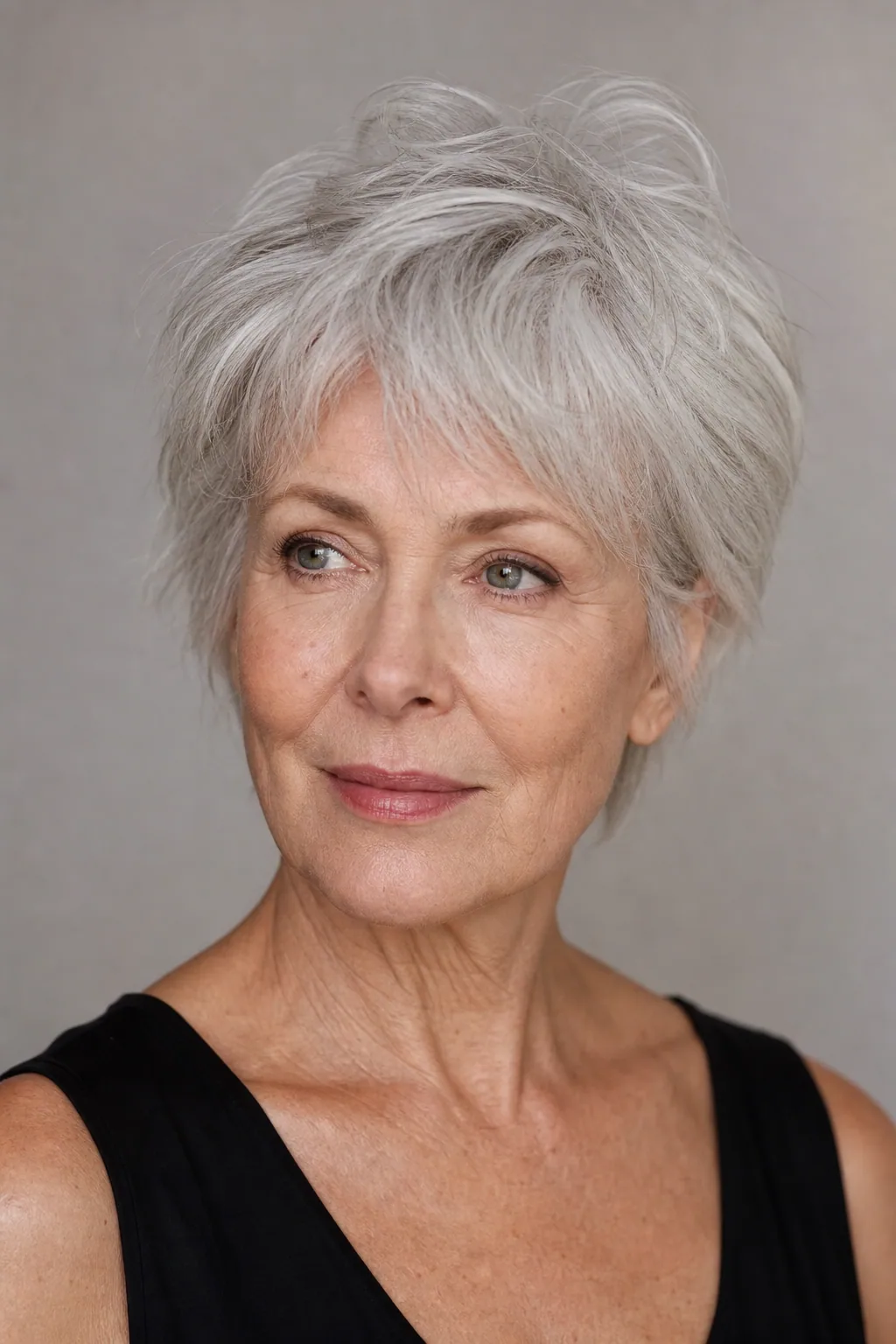 Piece-y silver crop with matte separated texture on fine thin white-silver hair over 70