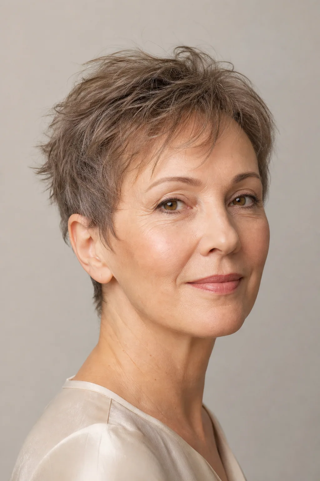 Textured crop cut piece-y with broad low volume across the top on fine ash-brown hair, woman with an oval face