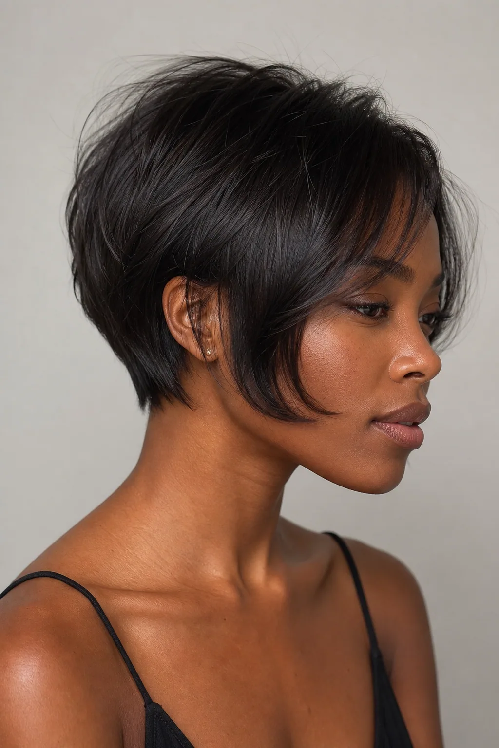 Pixie-bob hybrid with a jaw-grazing front and short back on fine hair