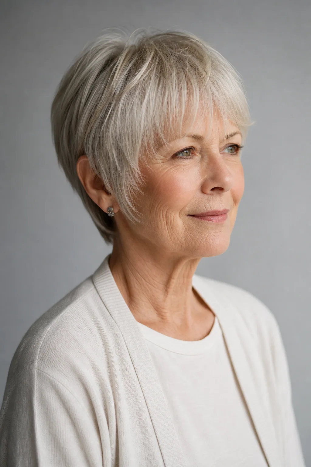 Pixie bob with sides at the ears on fine silver-blond hair over 60