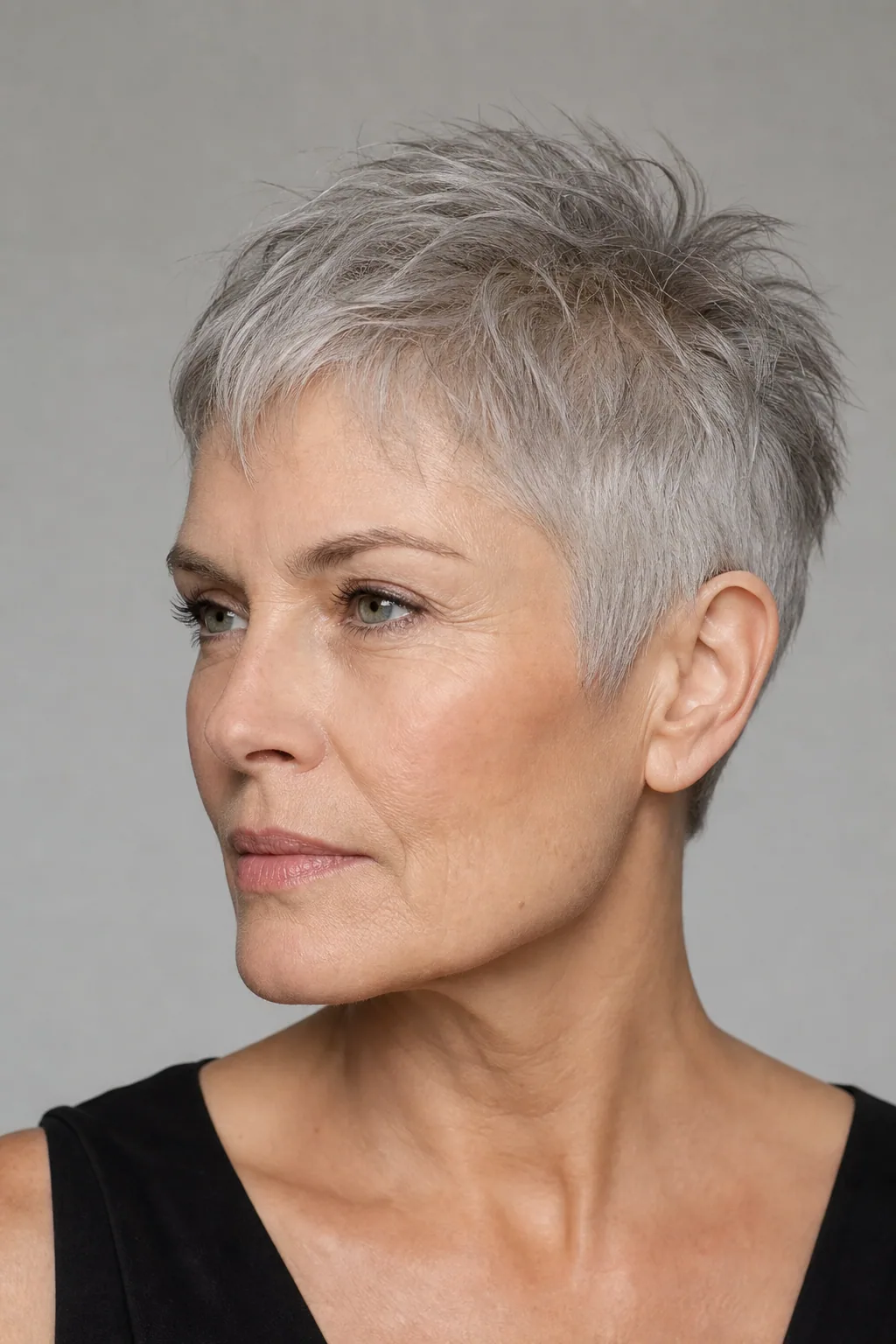 Fine hair in a pixie with height at the crown and close textured sides on a square-jawed face, three-quarter view