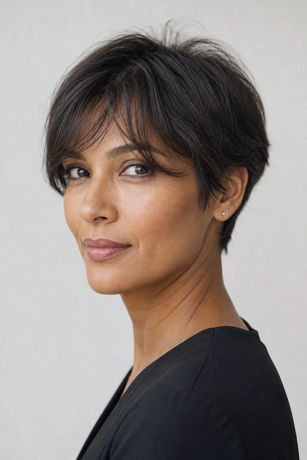 Pixie with a soft center-parted curtain fringe framing the face on fine hair
