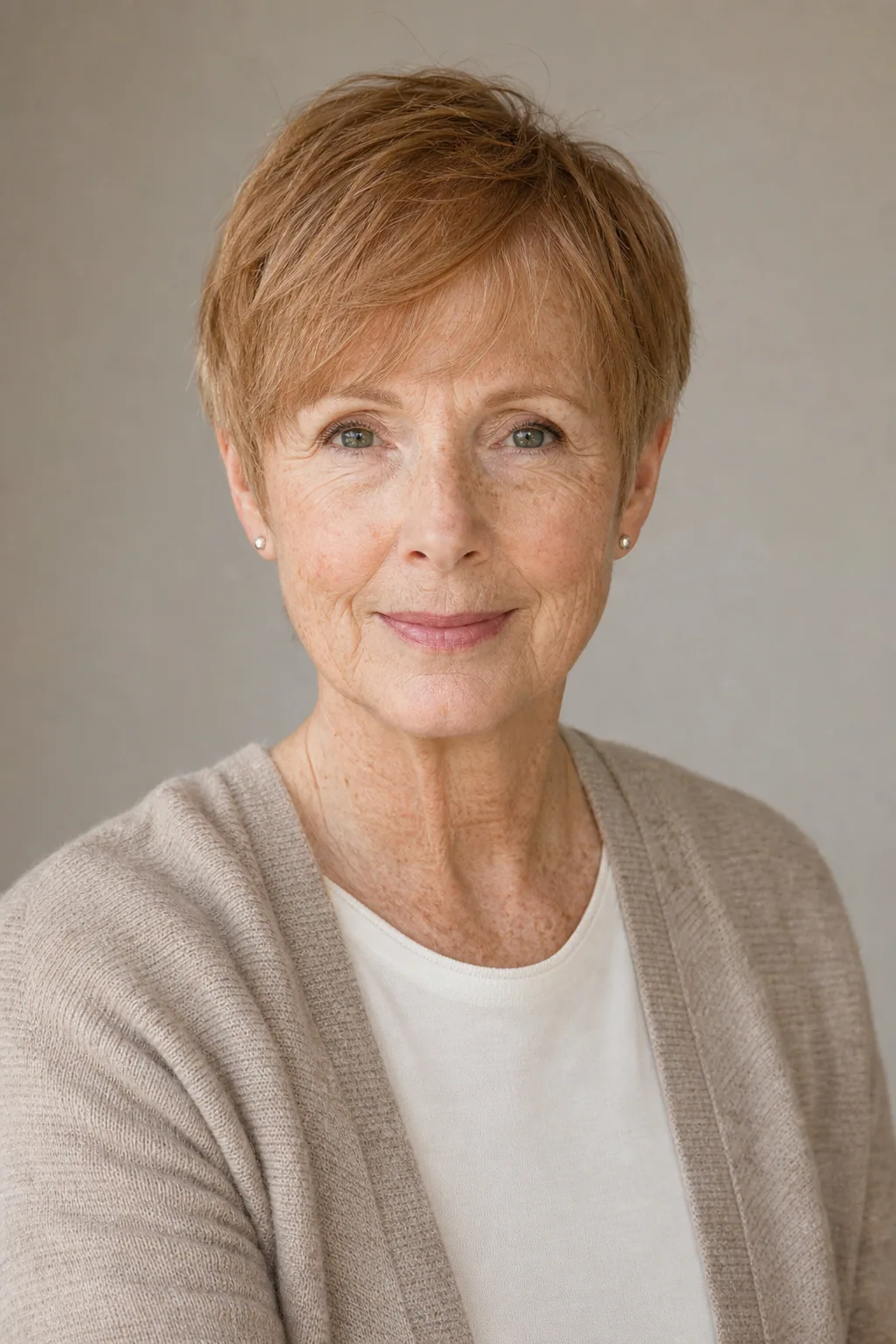 Pixie with a forward-brushed textured fringe on fine auburn hair over 60