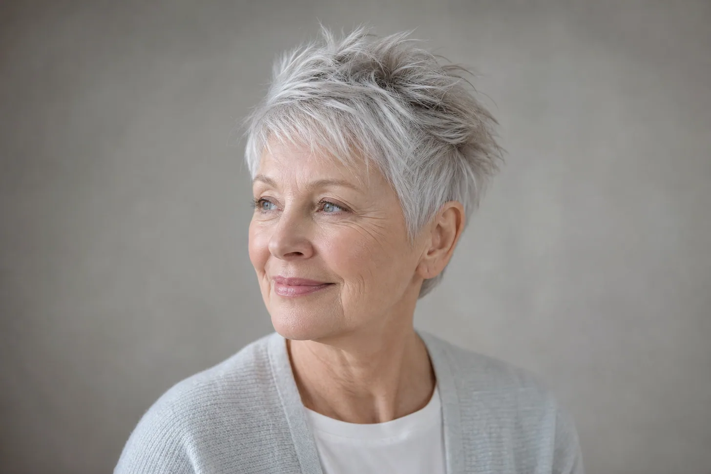 Soft textured pixie with a lifted crown on fine silver hair over 60