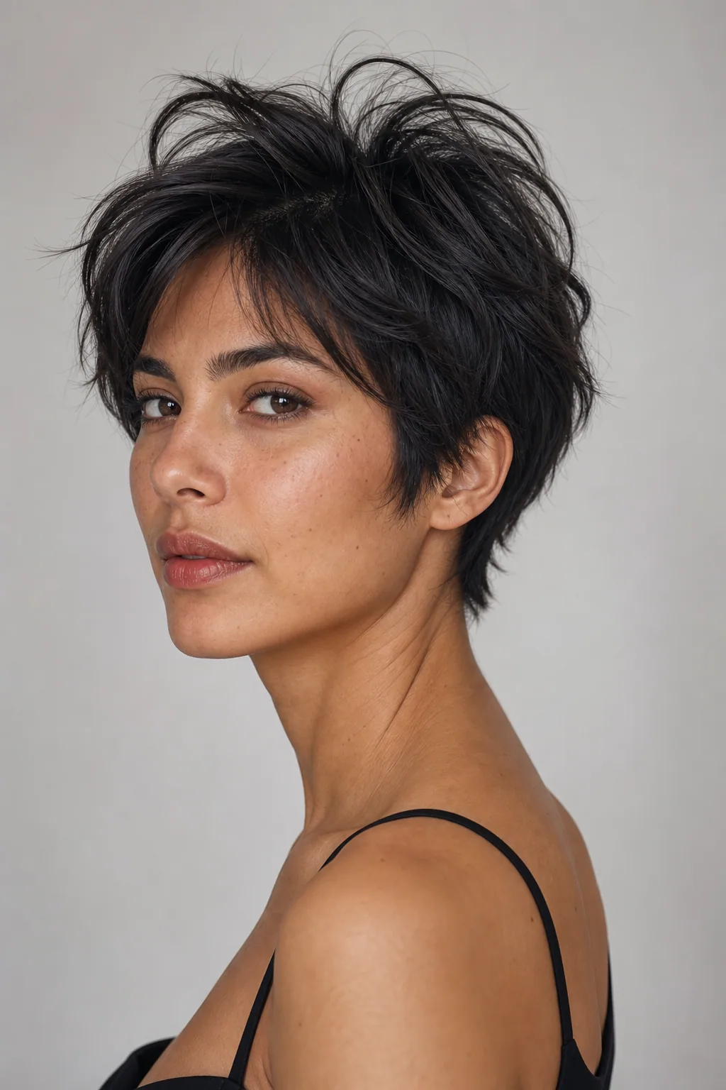 Pixie-leaning bixie cropped close at the nape with a piece-y lifted top on fine hair