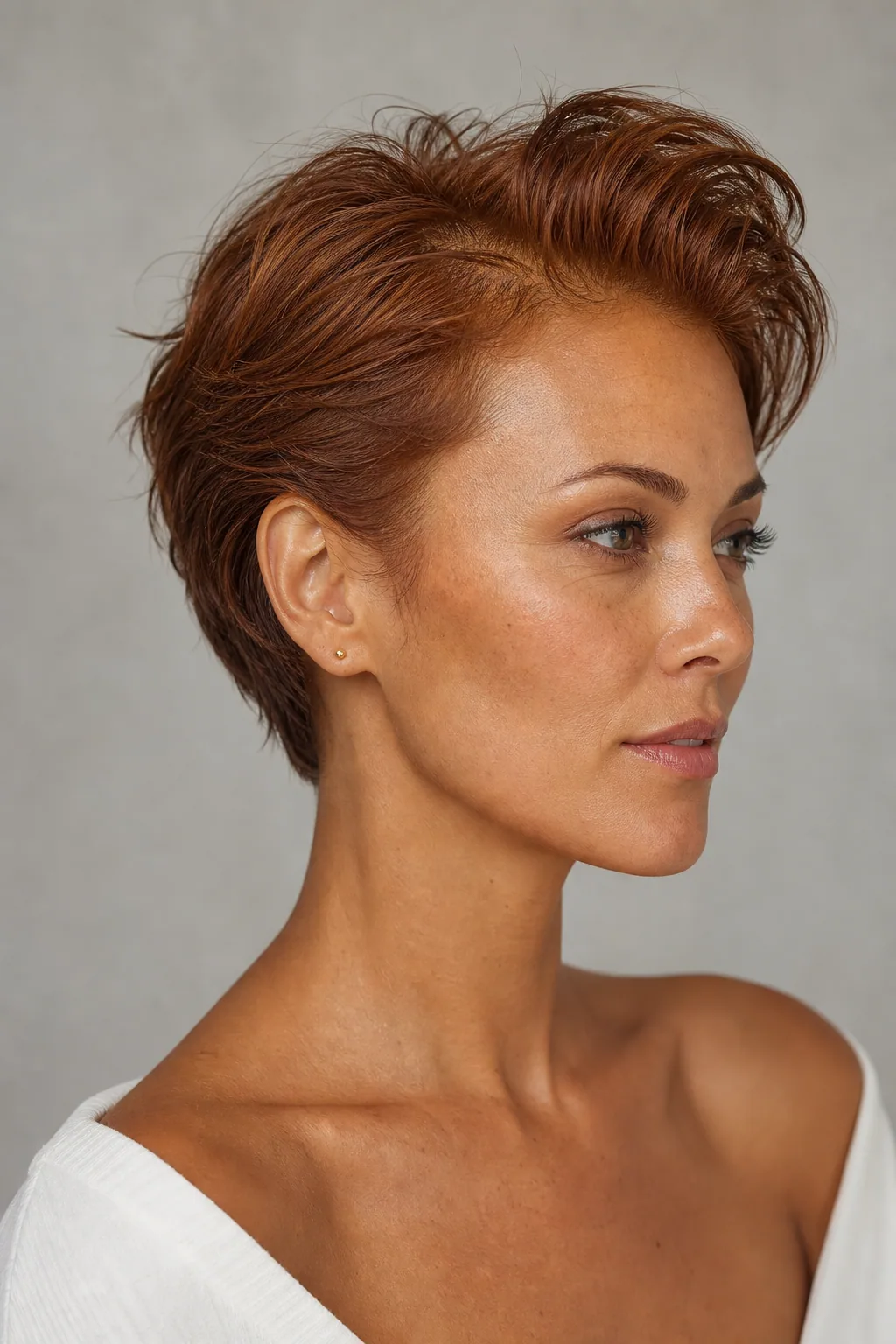 Pixie with a lifted front quiff building height at the crown on fine hair