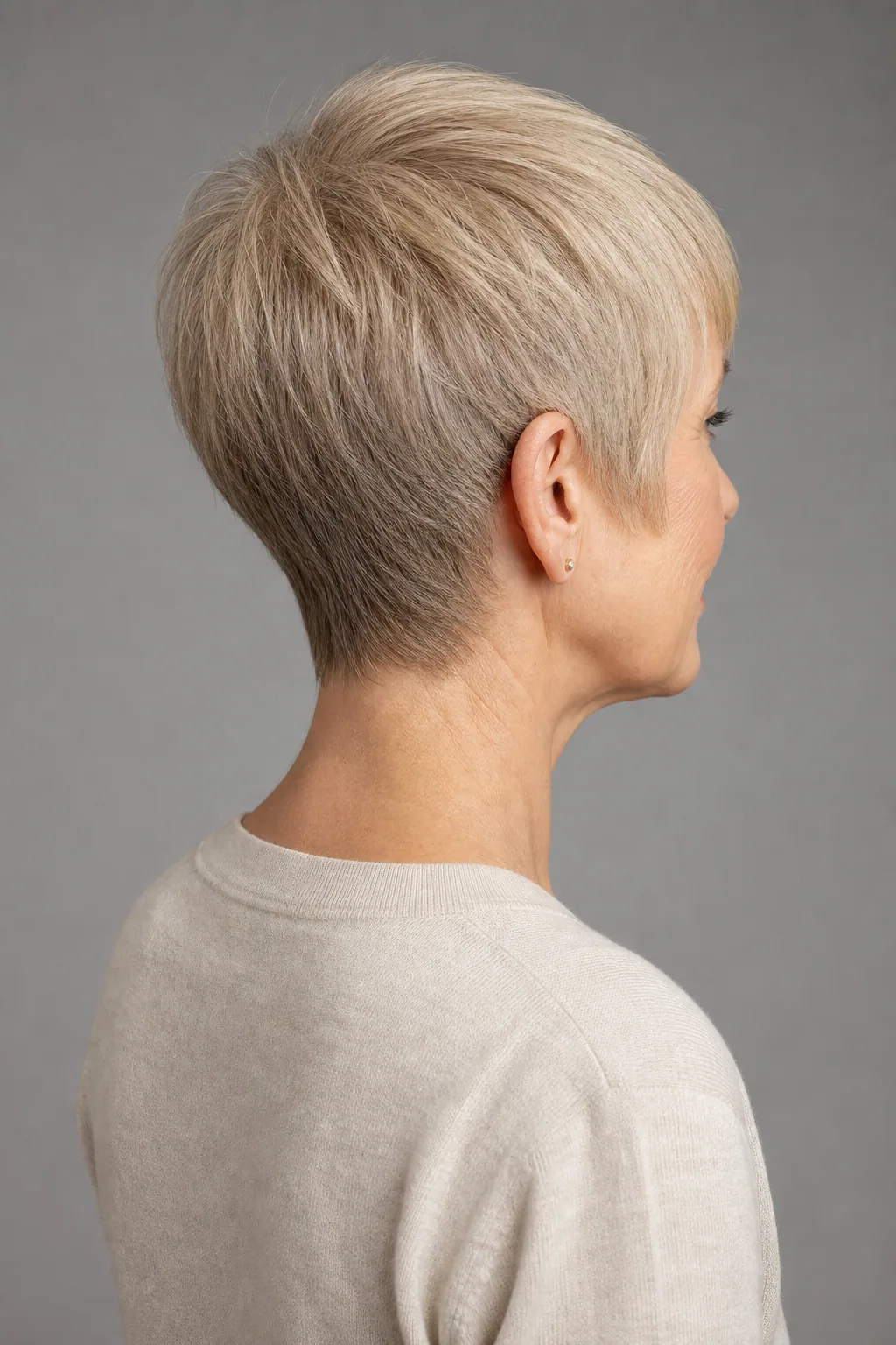 Pixie with a longer crown section seen from behind on fine blond and gray hair over 60