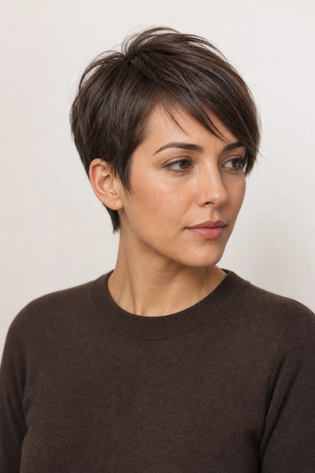 Pixie with a longer point-cut top on fine straight dark-brown hair