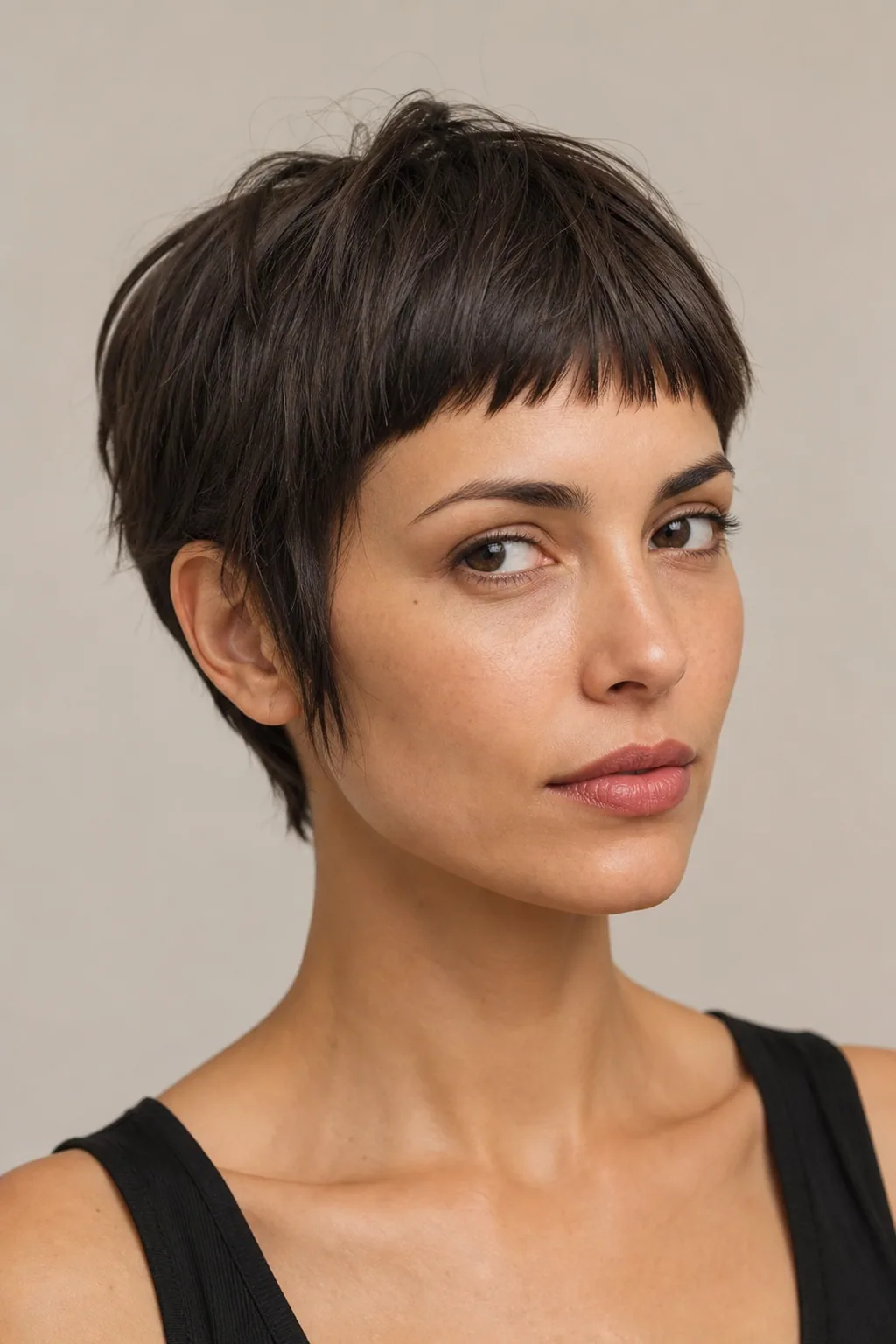 Pixie with blunt micro baby bangs above the brow on fine hair