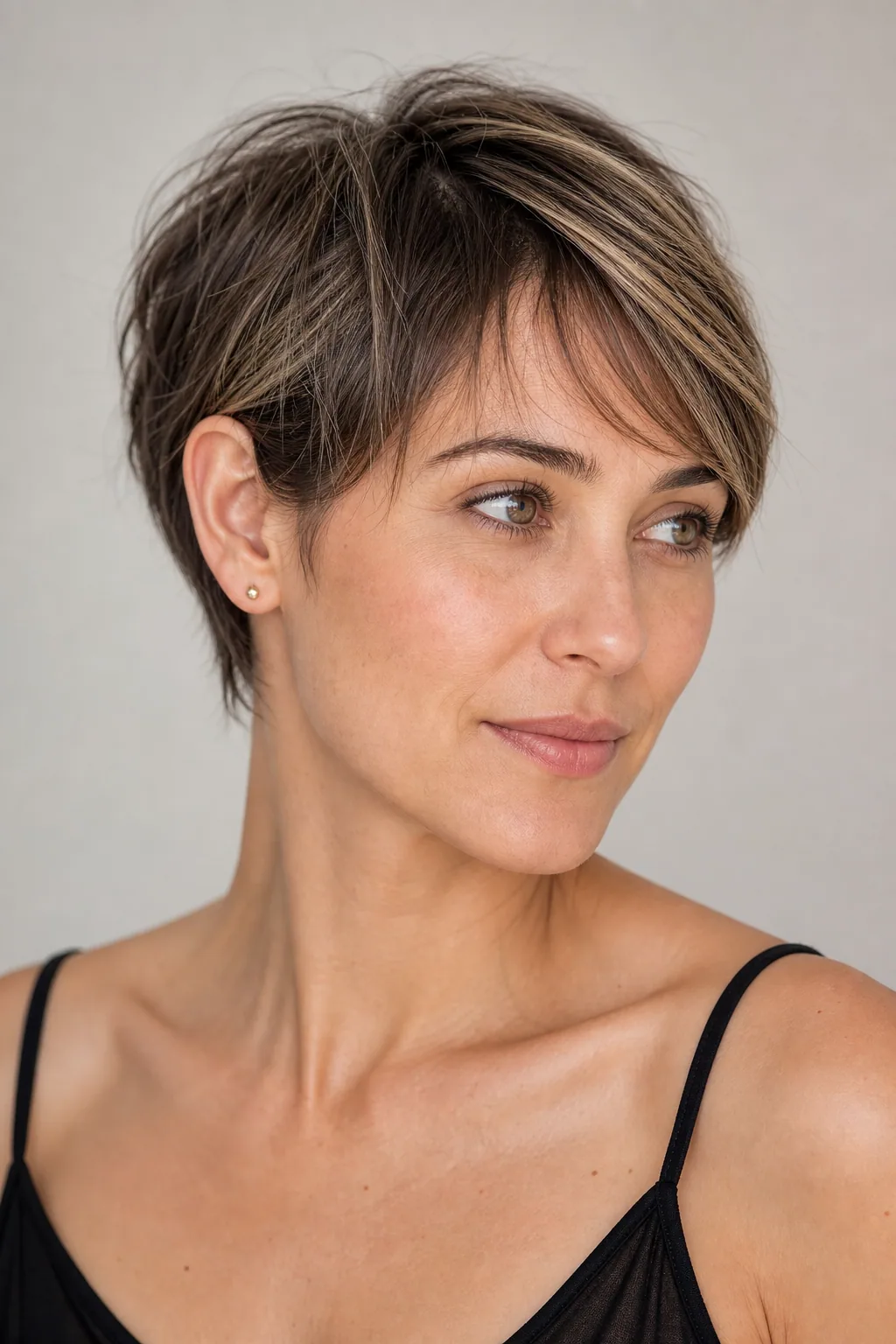 Pixie with money-piece face-framing highlights adding dimension on fine hair