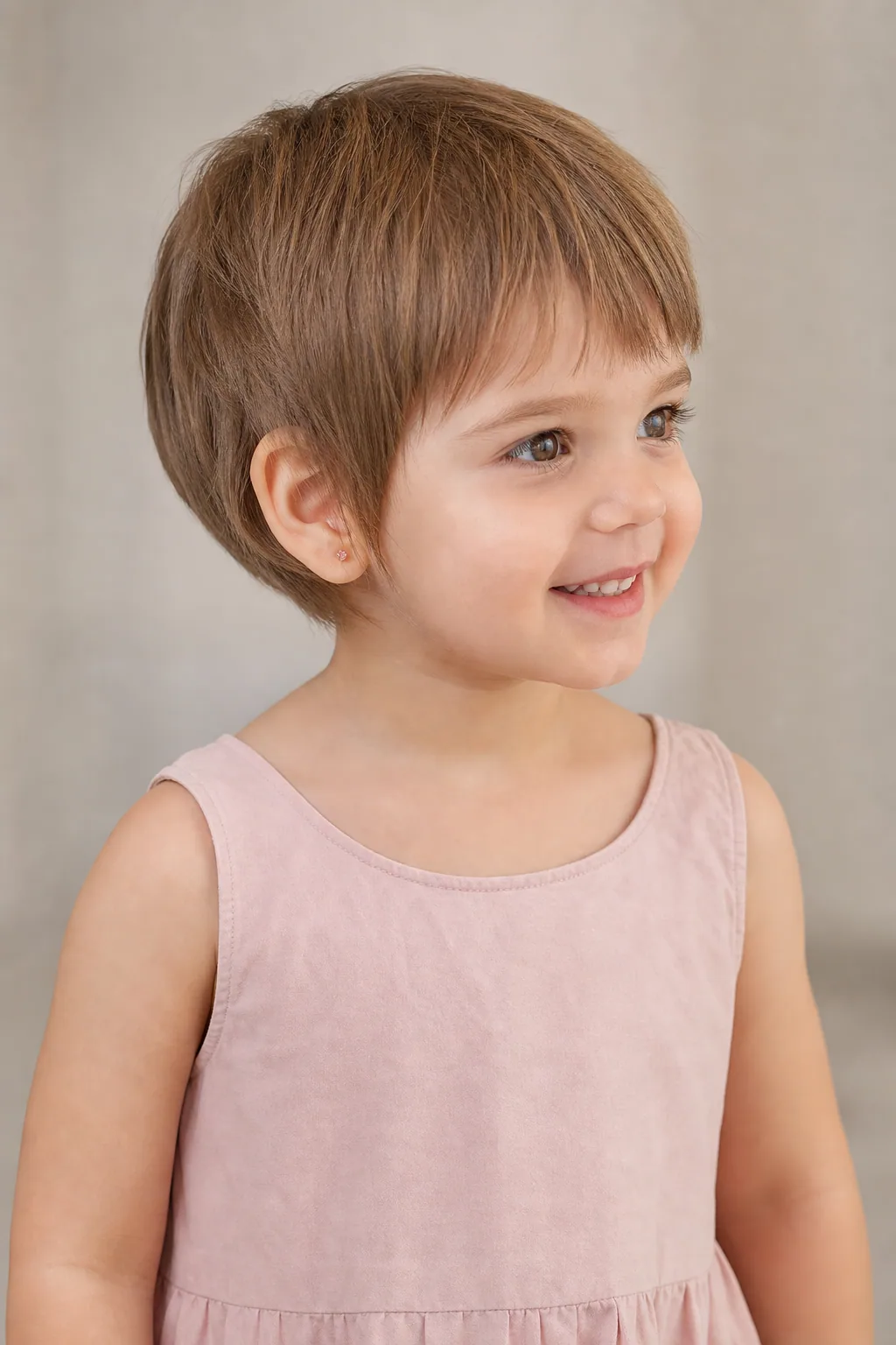 Little girl with a soft rounded pixie cut on fine light-brown hair