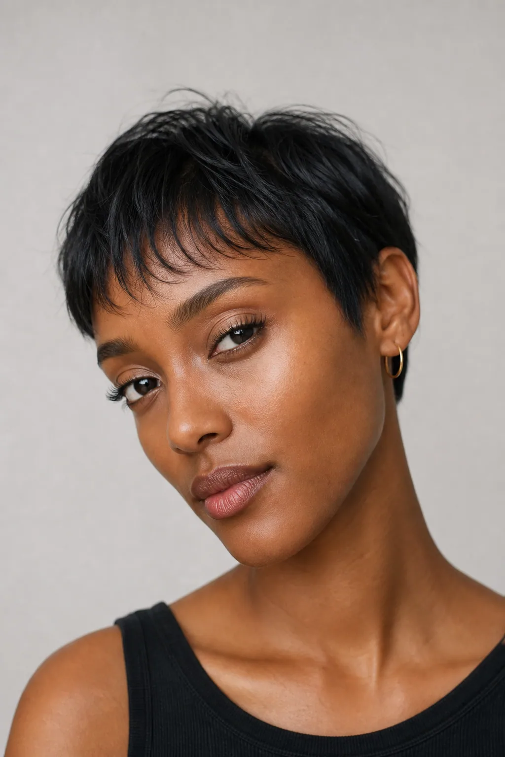 Pixie with a sheer wispy micro-fringe on fine thin hair
