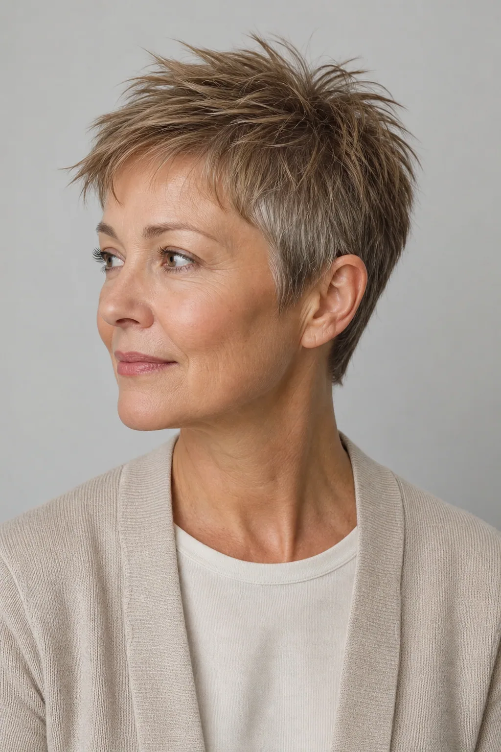 Point-cut pixie with a longer tousled top on fine light-brown hair over 50
