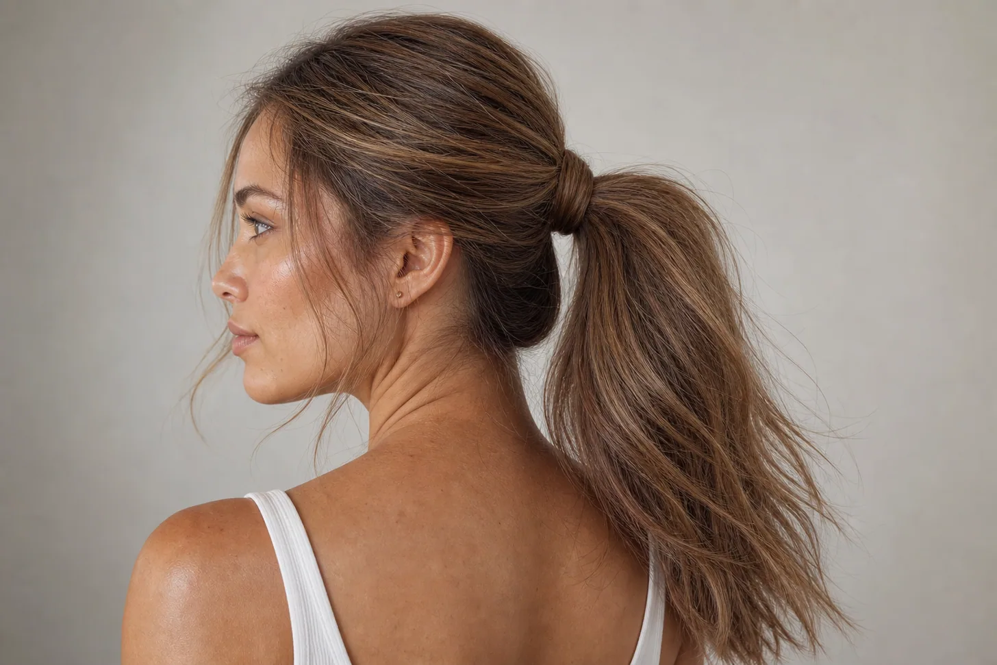 Mid-height stacked ponytail fanned full with hidden elastic on fine light-brown hair