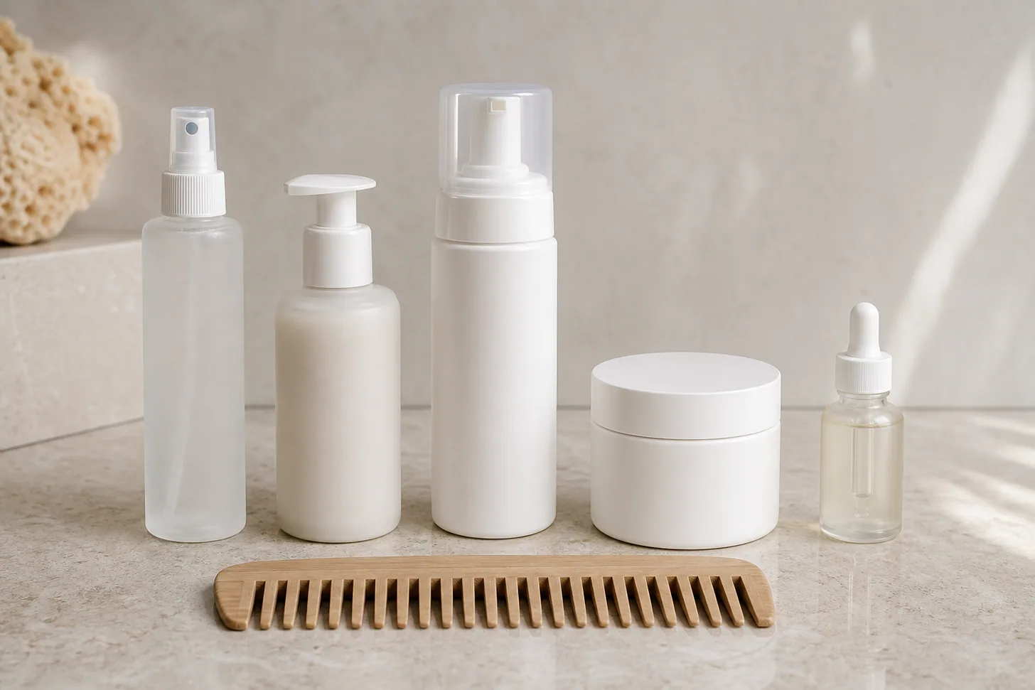 Styling products lined up in application order beside a wide-tooth comb