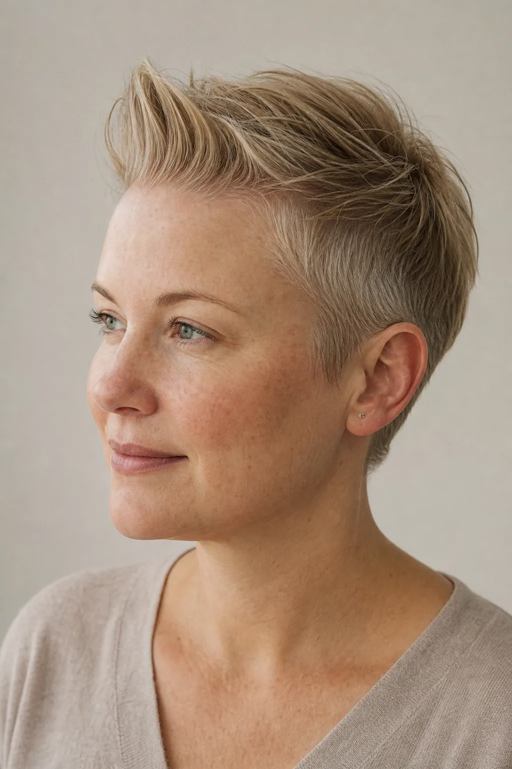 Short cut with a defined quiff and volume at the front hairline, tapered sides, on fine ash-blonde hair, woman with a round face
