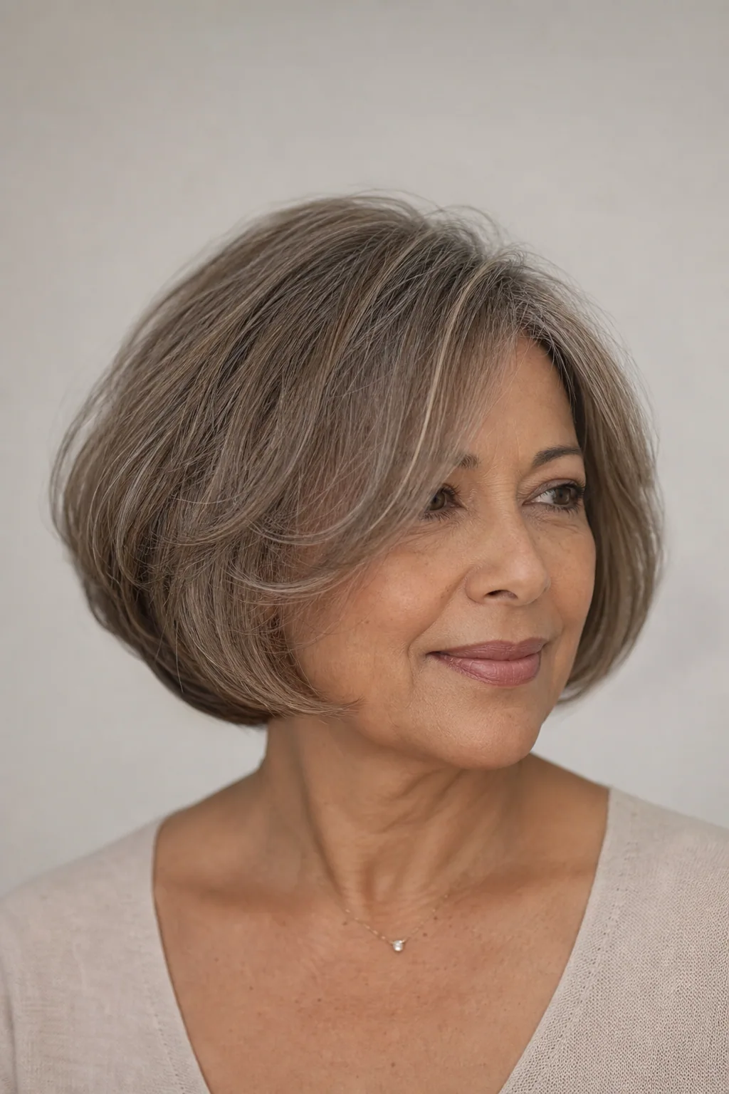 Rounded bubble bob tucking under with soft internal layers building side volume on fine hair