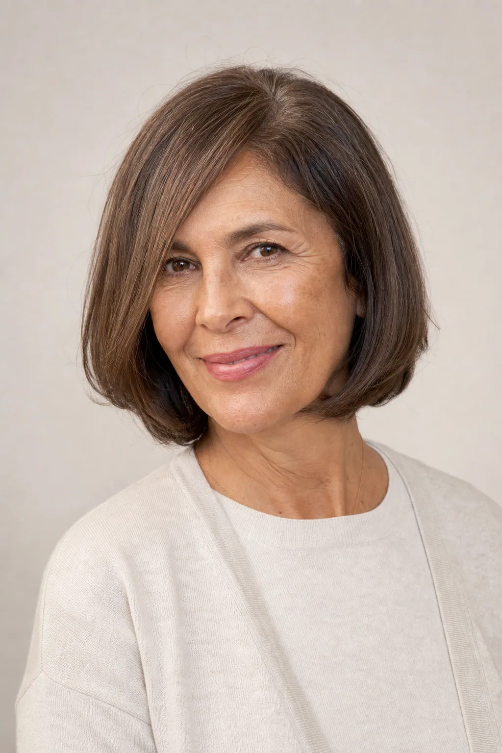 Rounded chin bob with a deep side part on fine brown hair over 60