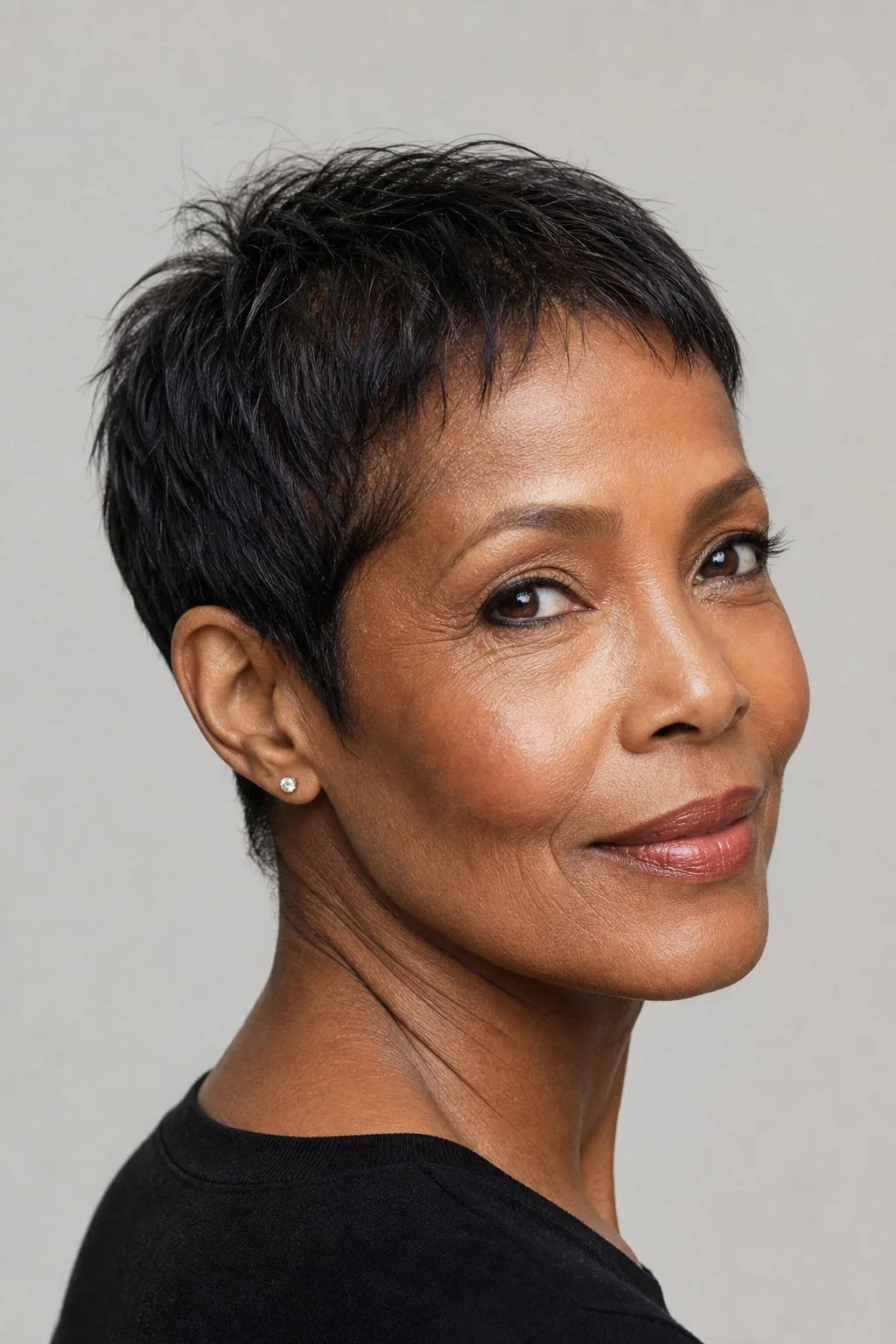 Rounded gamine pixie crop kept short and soft on fine hair