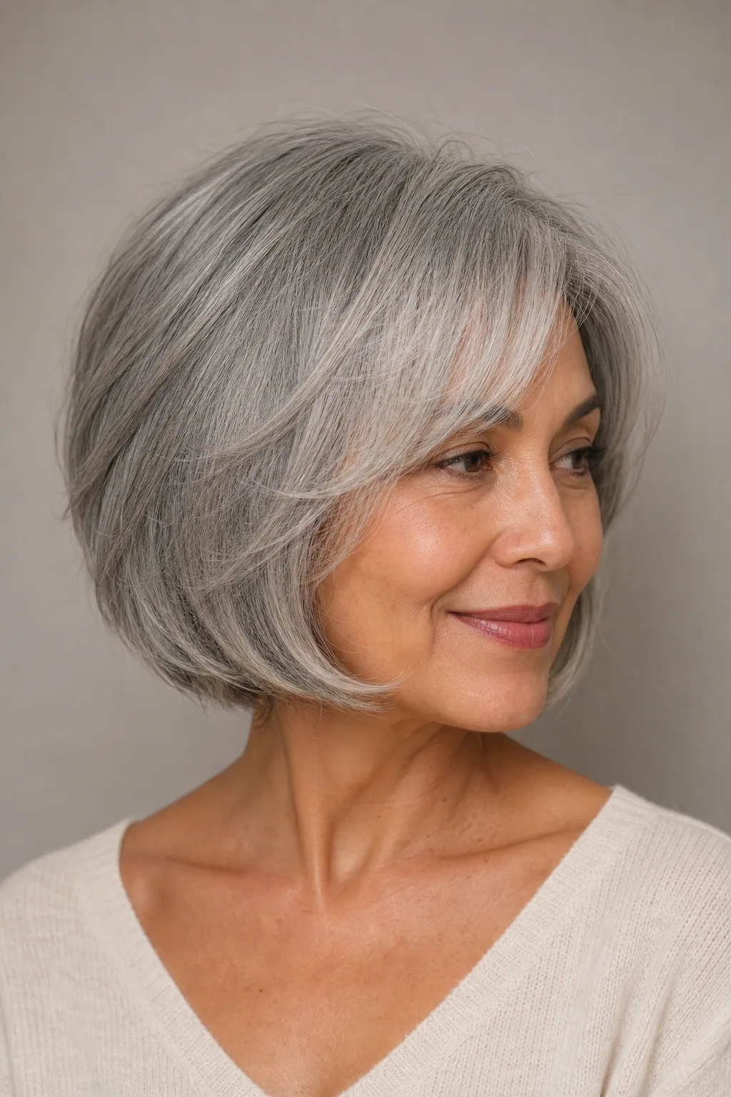 Rounded layered bob curving the silhouette on mature fine grey hair with a polished finish