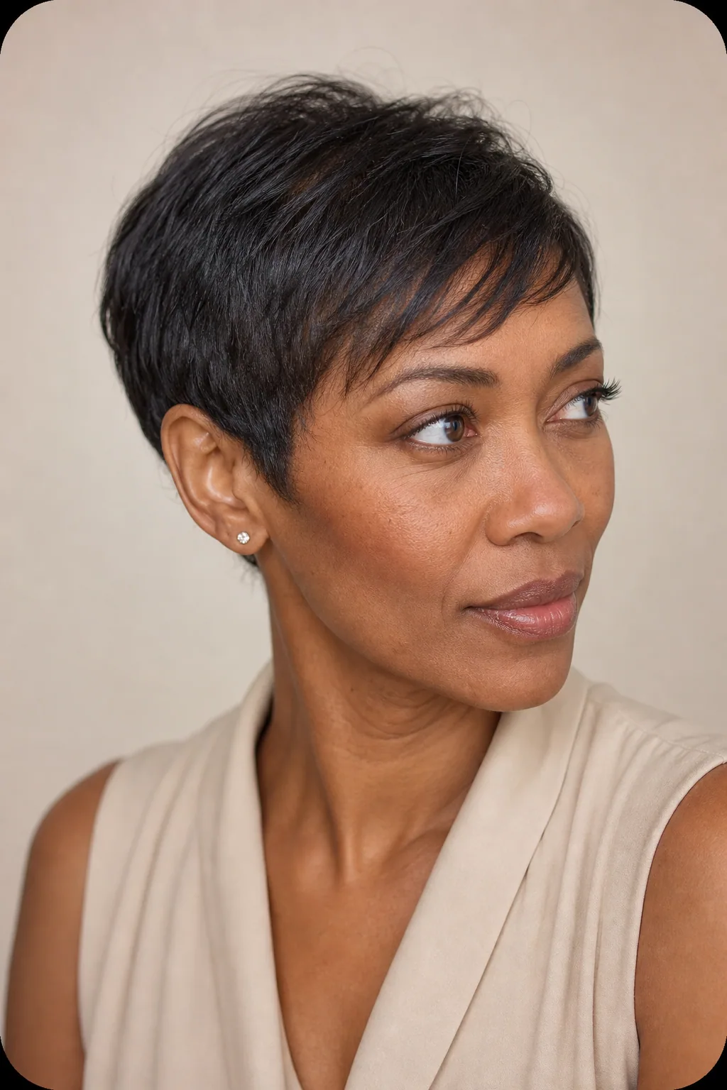 Rounded soft crop on fine hair styled easily with one product