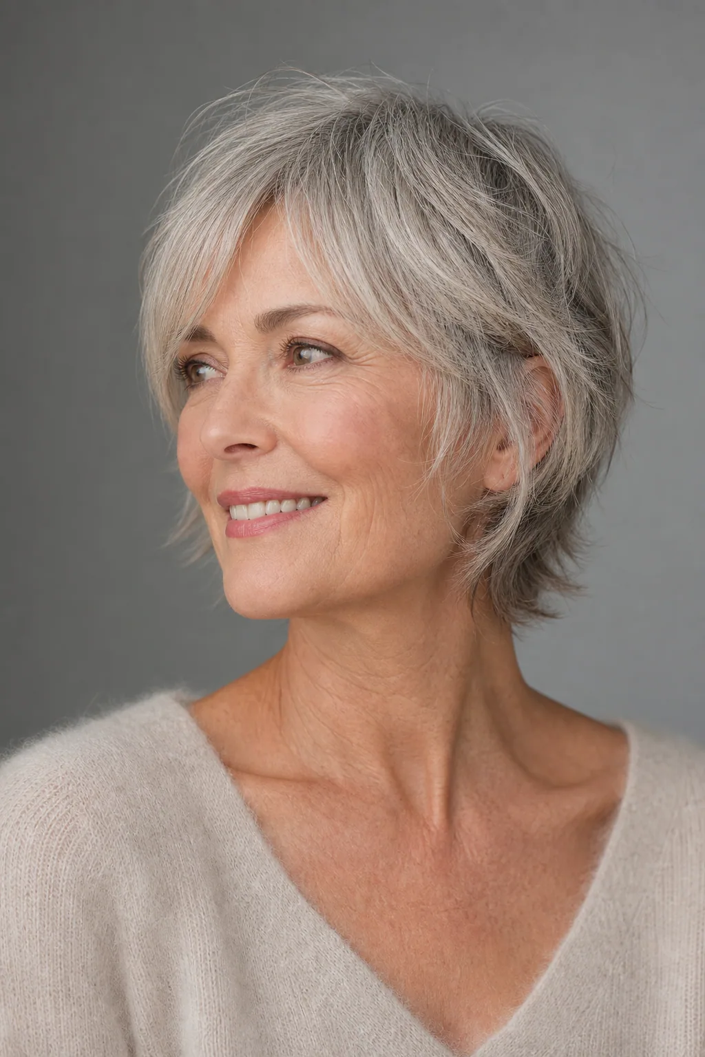 Rounded soft short shag on mature fine grey hair with gentle polished layers