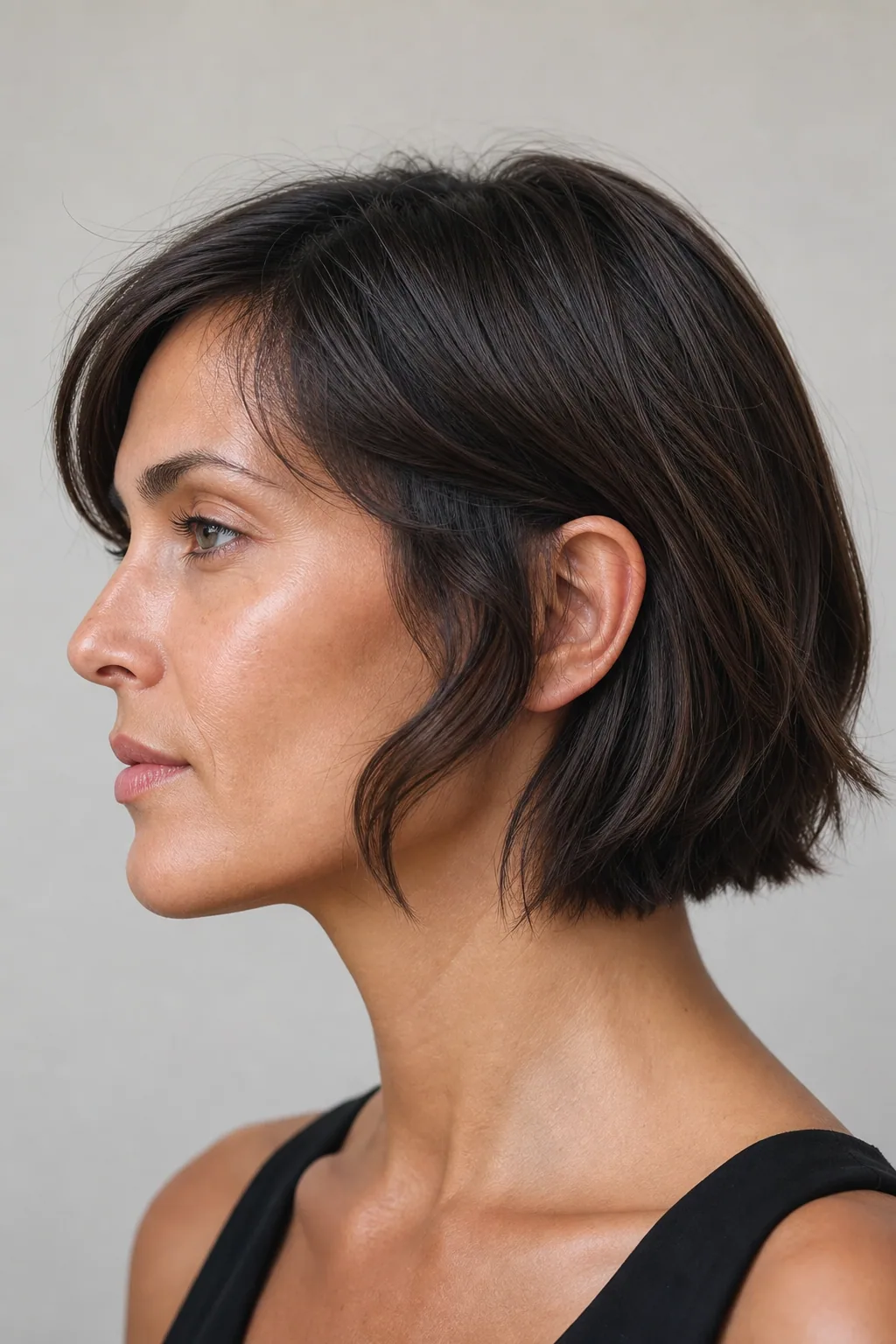 Mid-length fine hair with soft S-bends through the cheekbone-to-jaw section, blunt ends, side profile