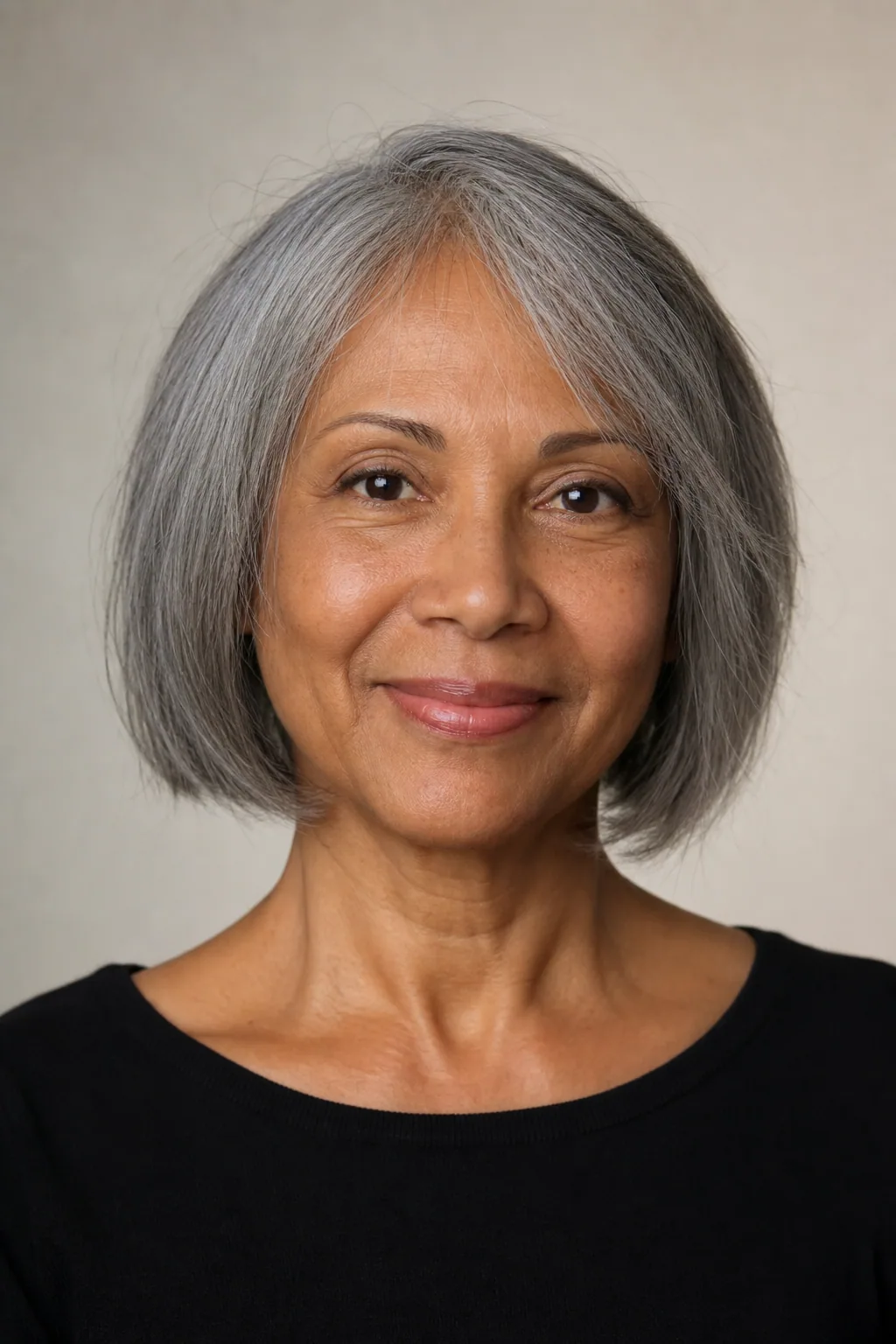 Blended salt-and-pepper chin bob on fine thin grey-and-dark hair over 60