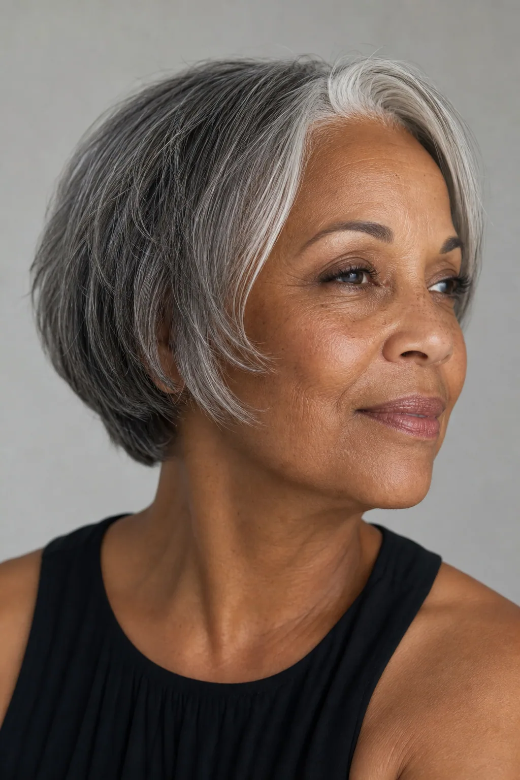 Salt-and-pepper mini bob with natural dimension on fine thin grey-dark hair over 60